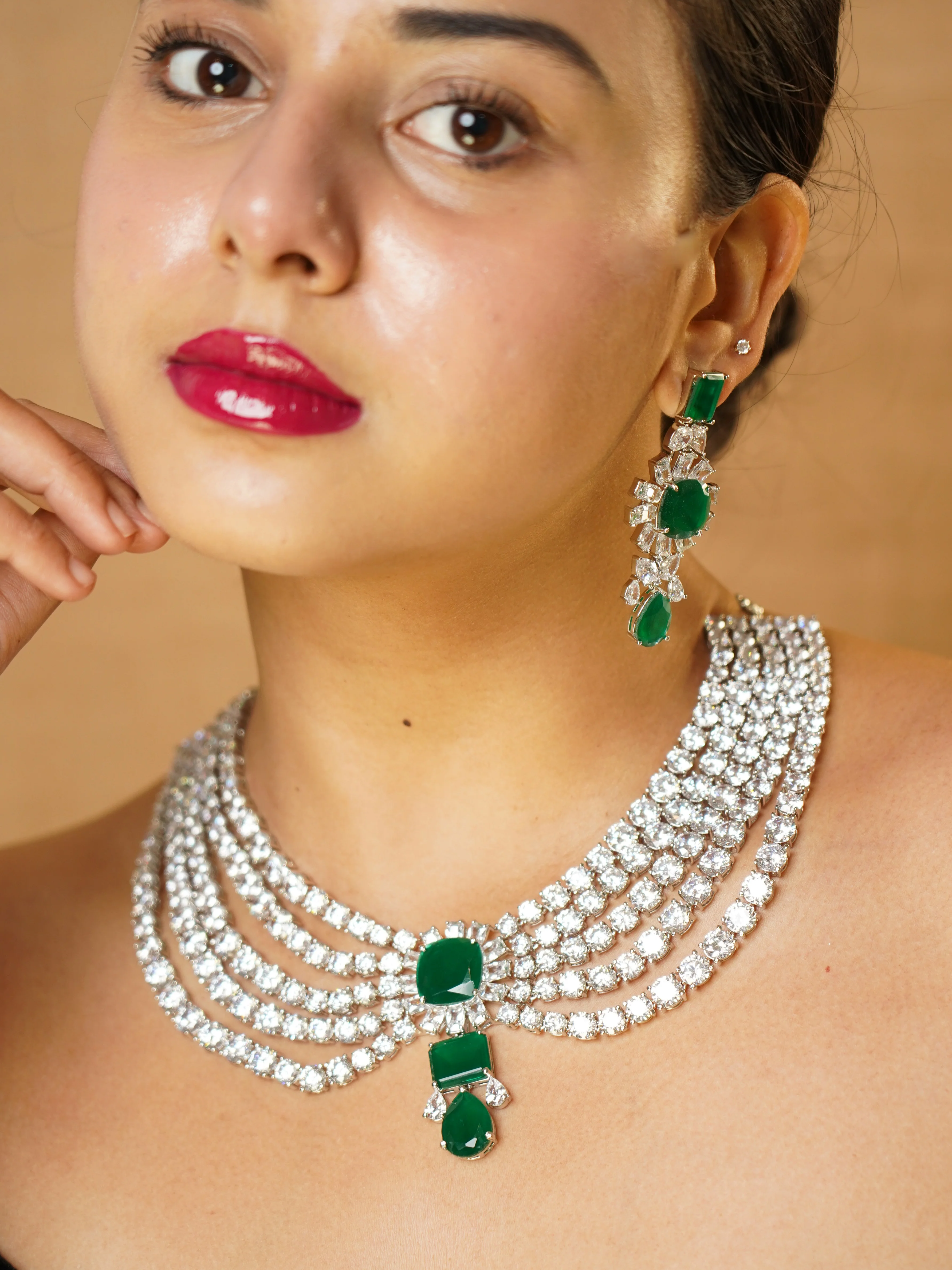 5 layered Diamond Ruby & Emerald  Necklace Set