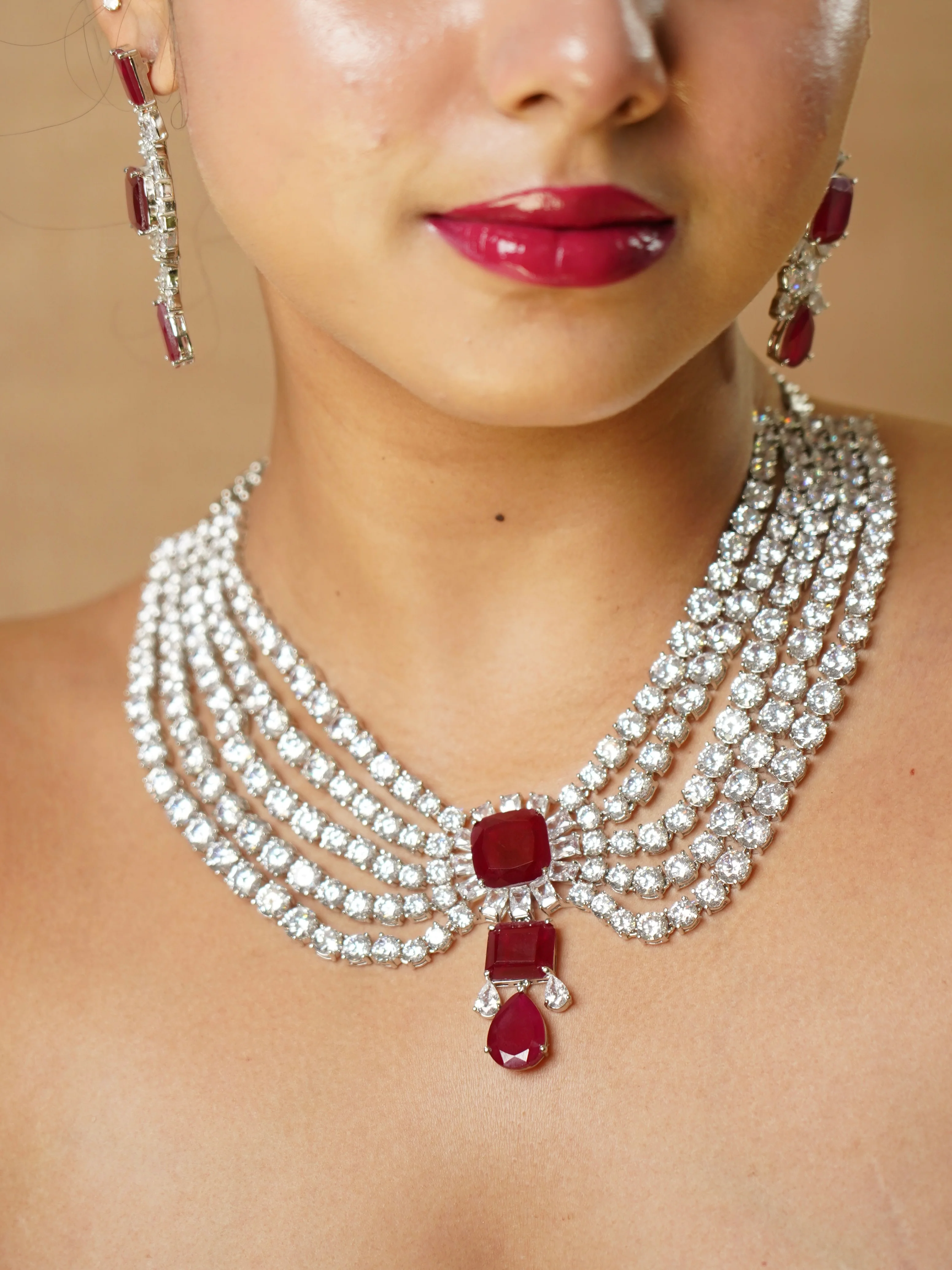 5 layered Diamond Ruby & Emerald  Necklace Set - Image 3