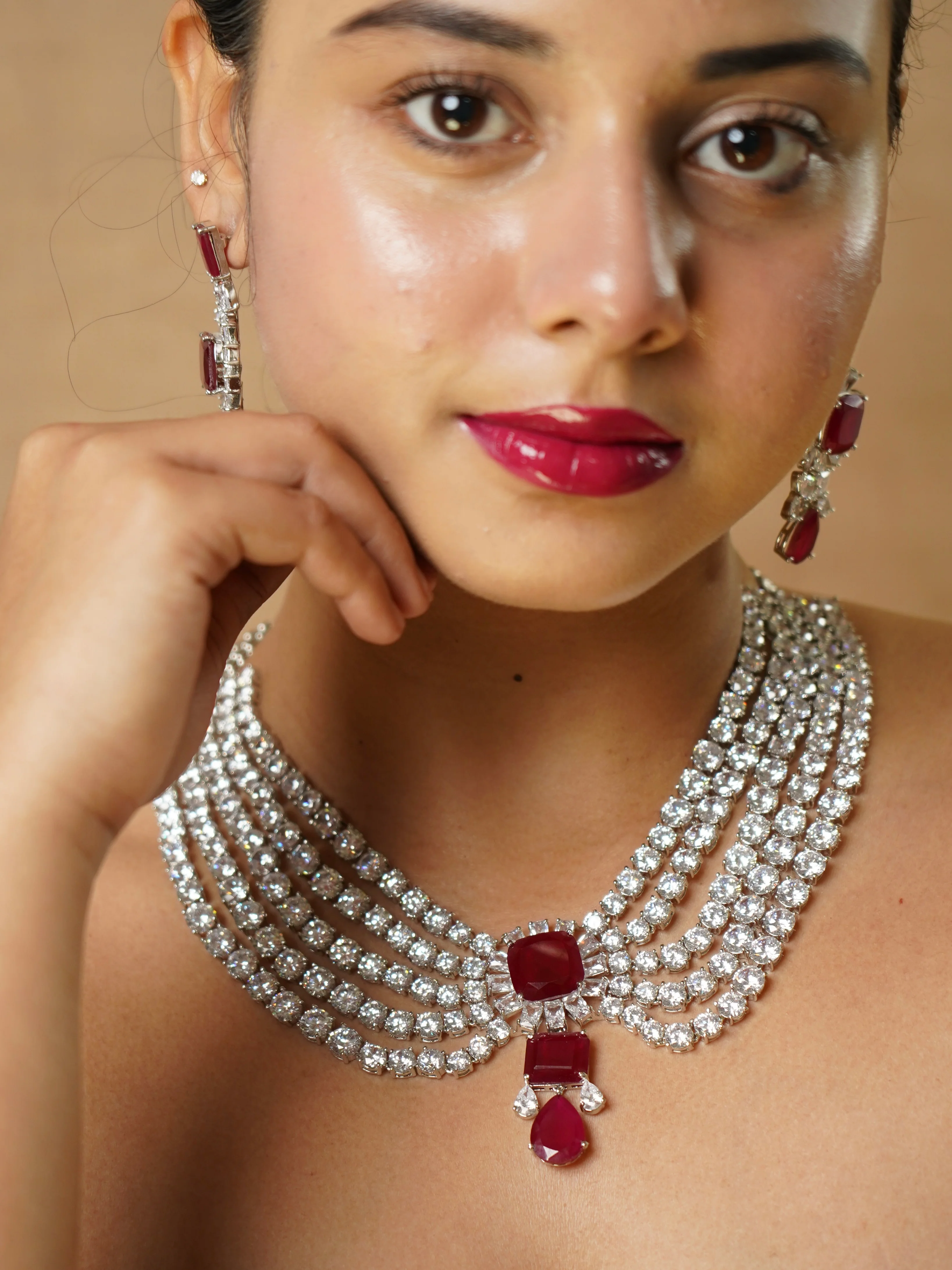 5 layered Diamond Ruby & Emerald  Necklace Set - Image 5