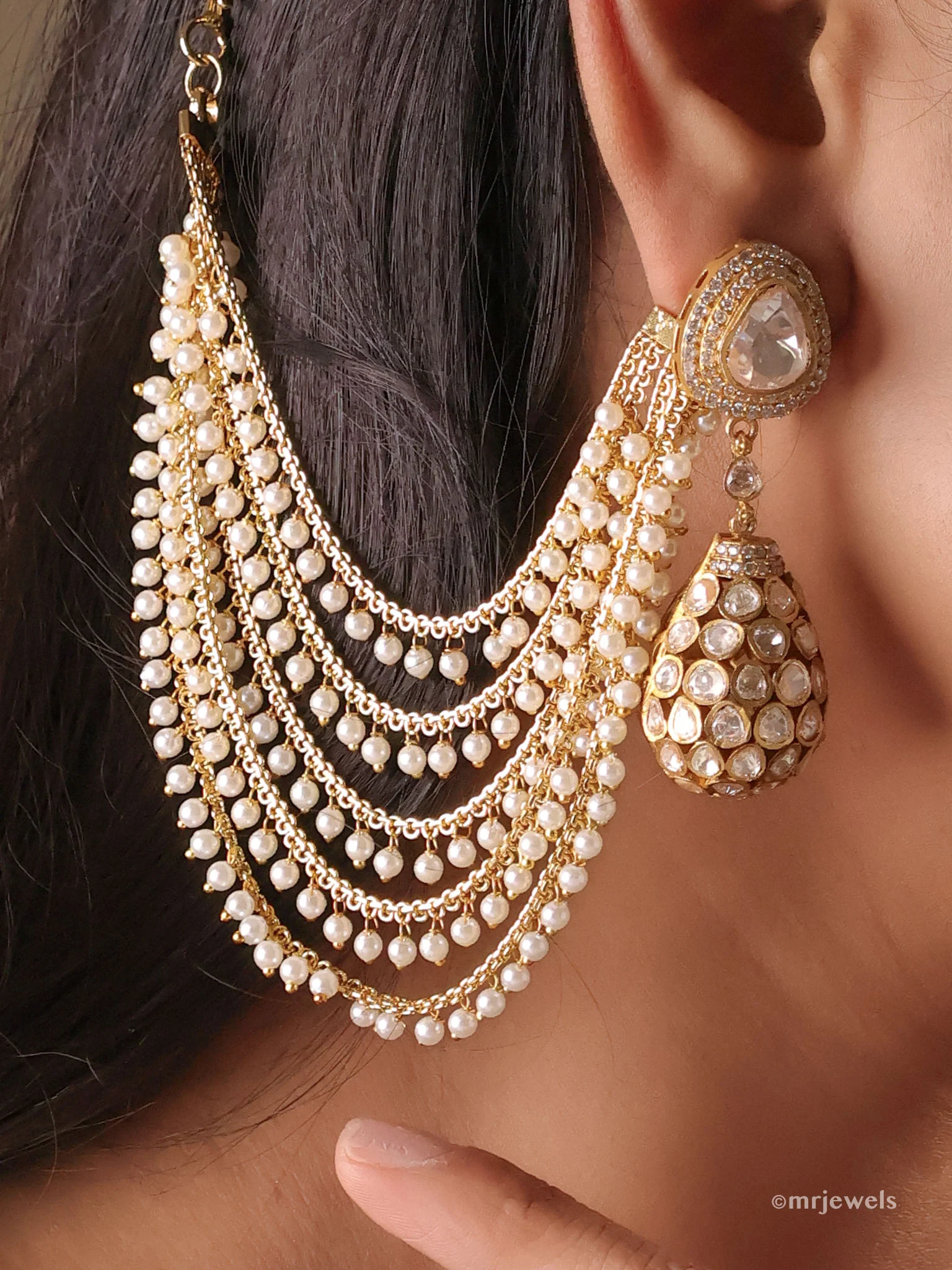 5 Layered Pearl Polki Earchain