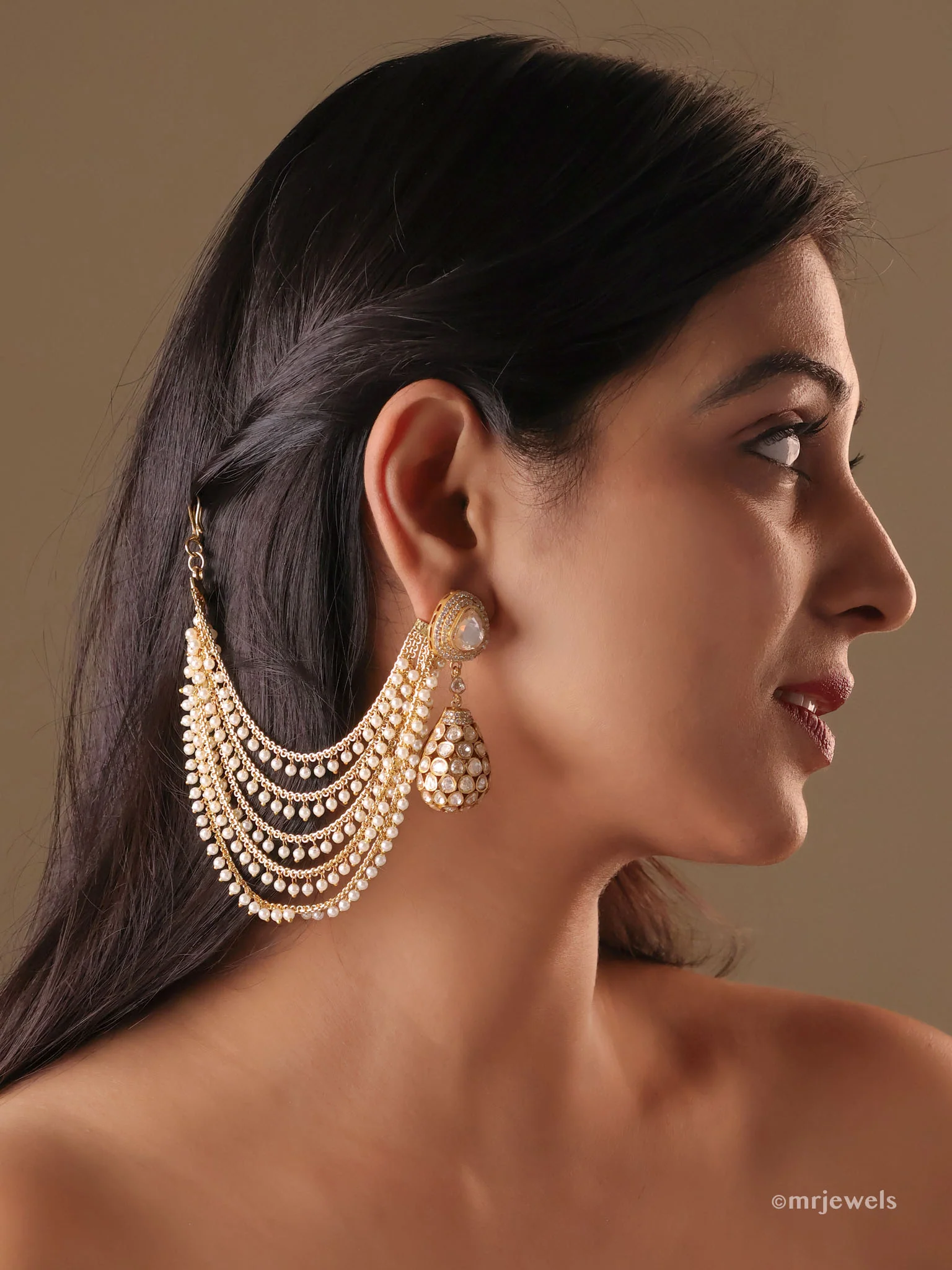 5 Layered Pearl Polki Earchain - Image 2