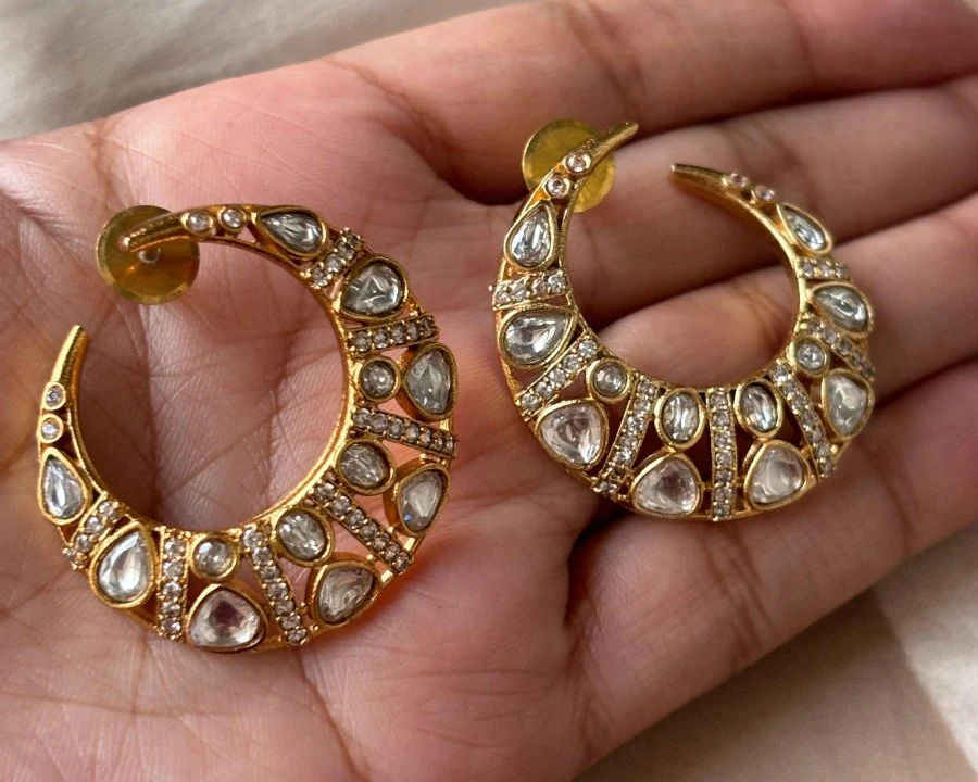 Designer Polki Chand Motif Gold Stud Earrings - Image 2