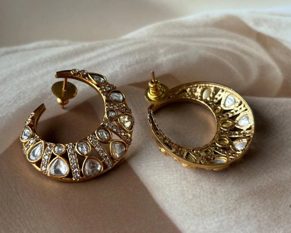 Designer Polki Chand Motif Gold Stud Earrings - Image 3