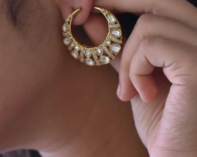 Designer Polki Chand Motif Gold Stud Earrings - Image 4