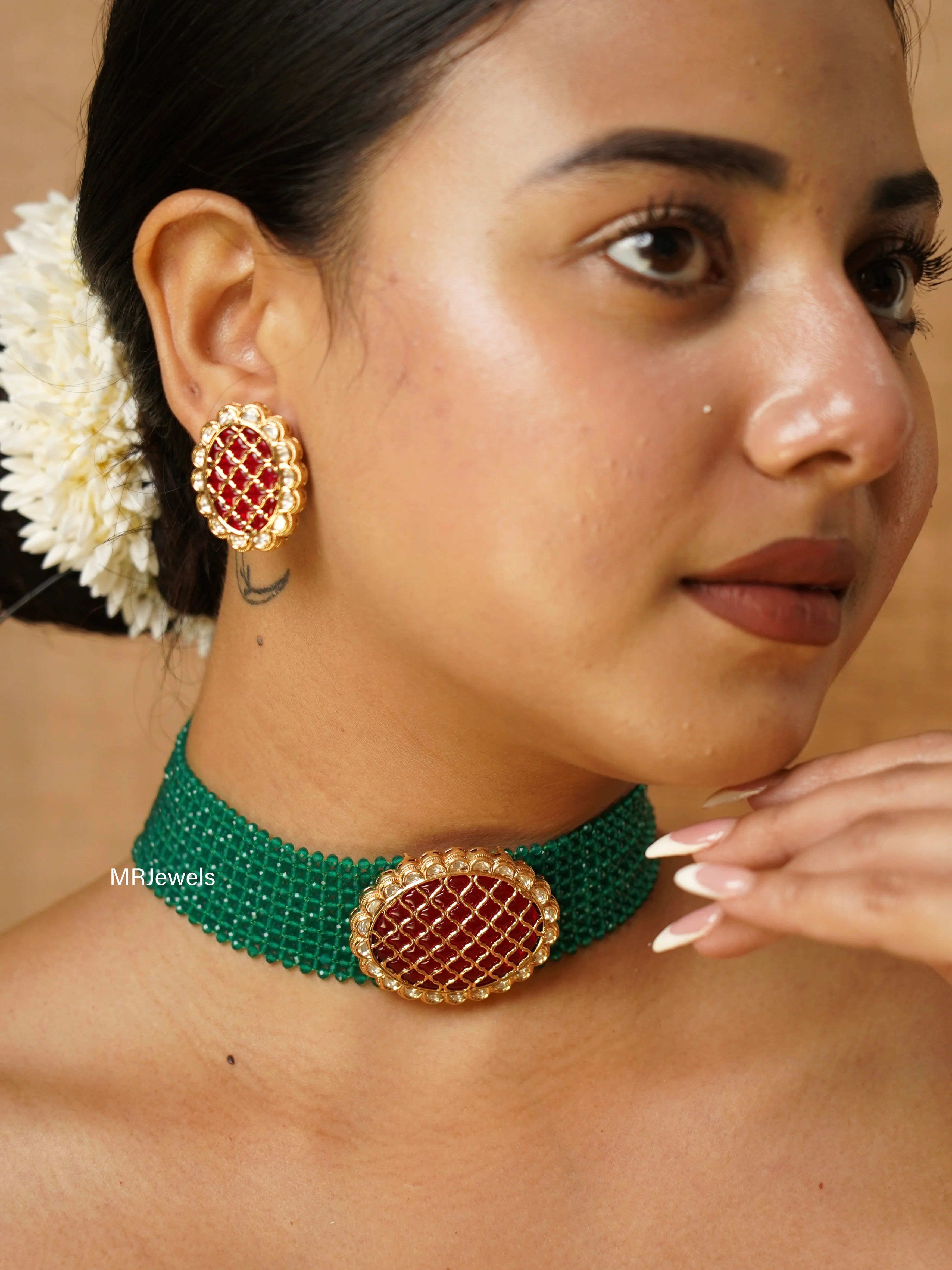 Aabroo Red Enamel Studs & Emerald Bead Choker Set - Image 3