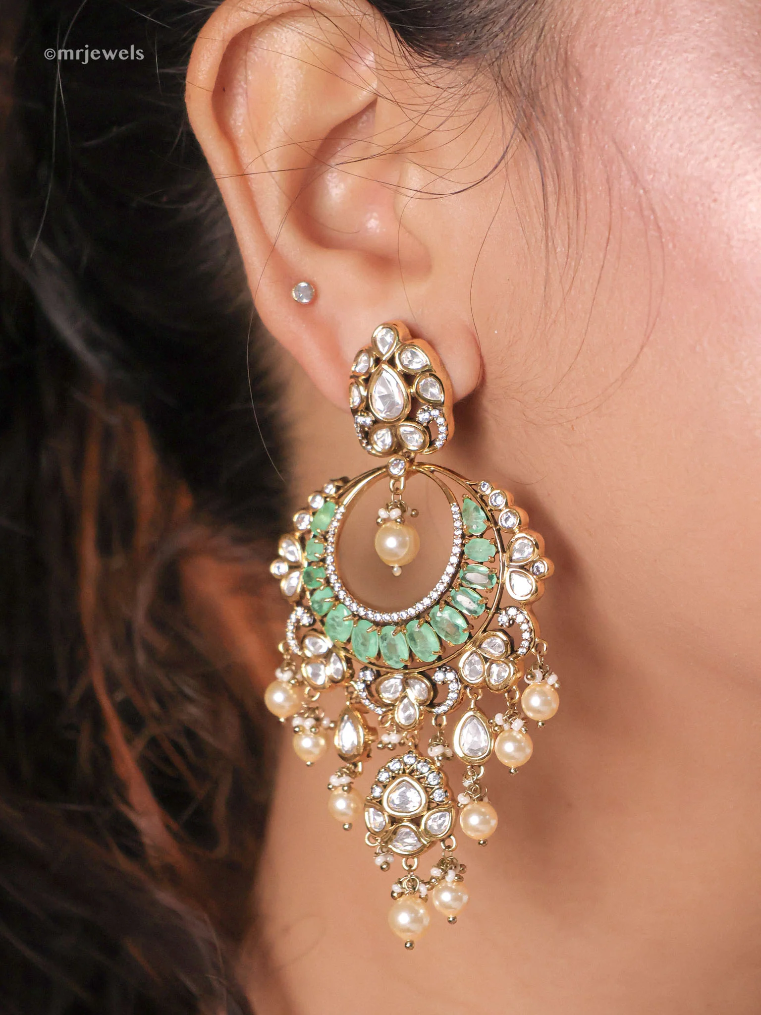 Aarohi Kundan Chandbaali (Emerald/Mint/Rose) - Image 5