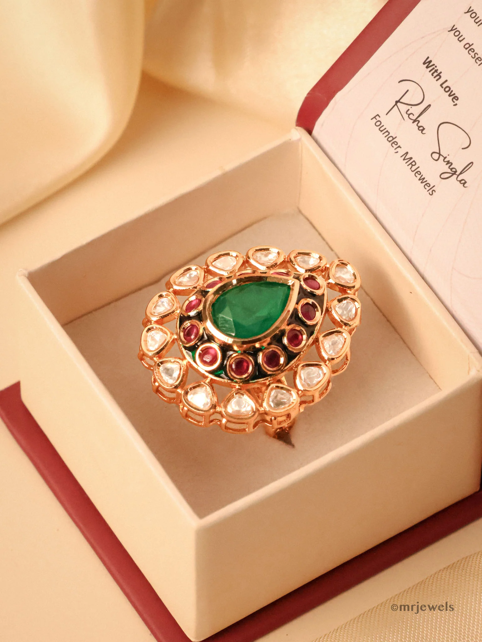 Adjustable Kundan Ring with Emerald & Ruby Accents