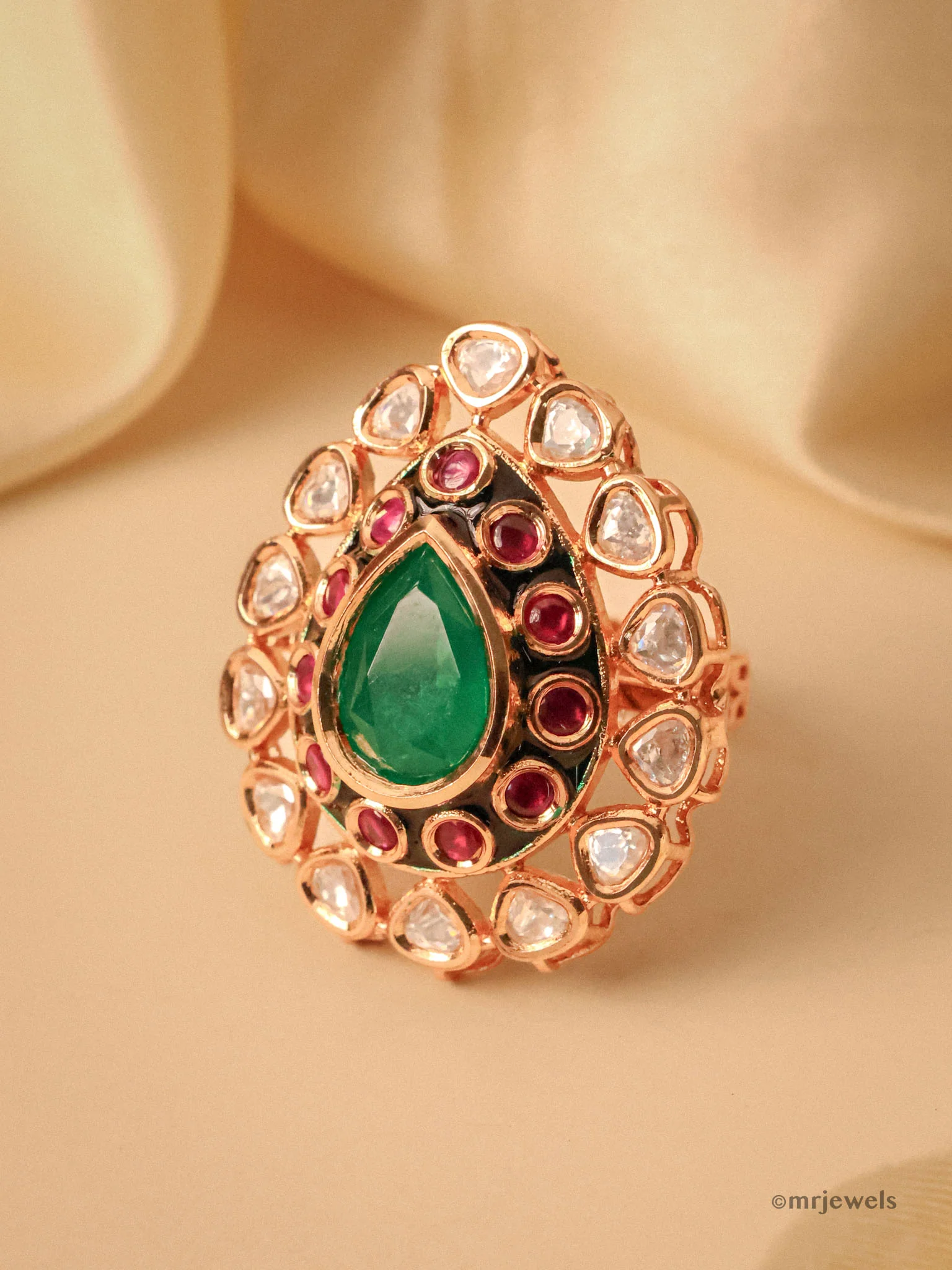 Adjustable Kundan Ring with Emerald & Ruby Accents - Image 3