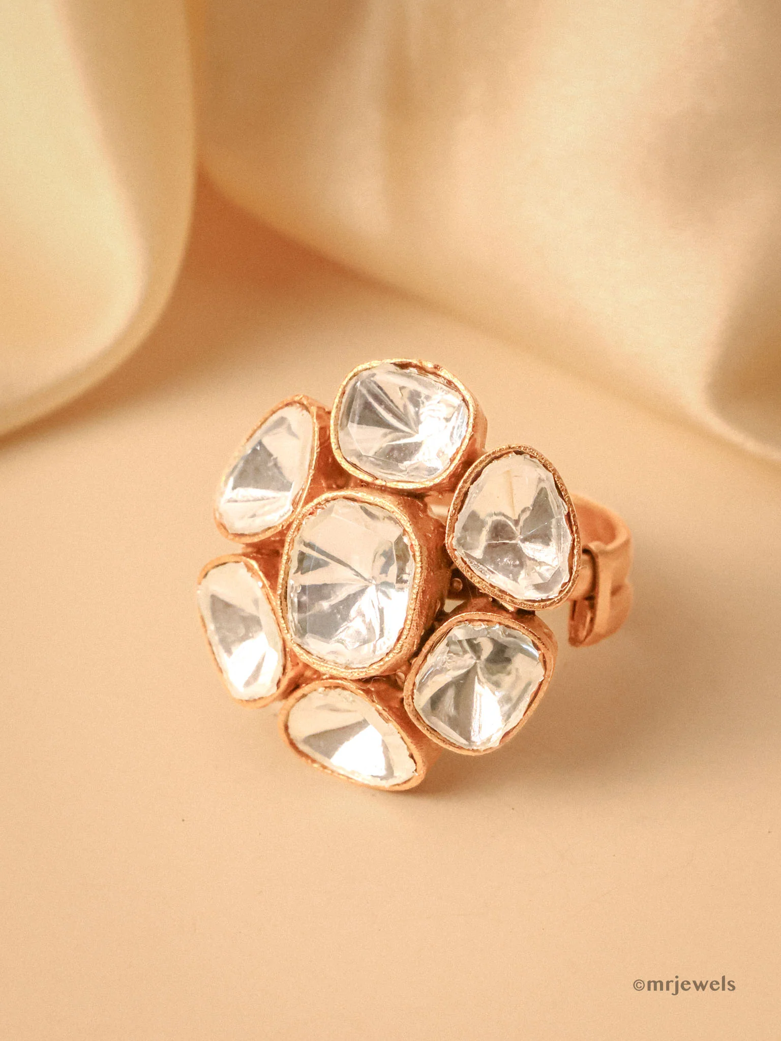 Adjustable Polki Ring in Gold Finish