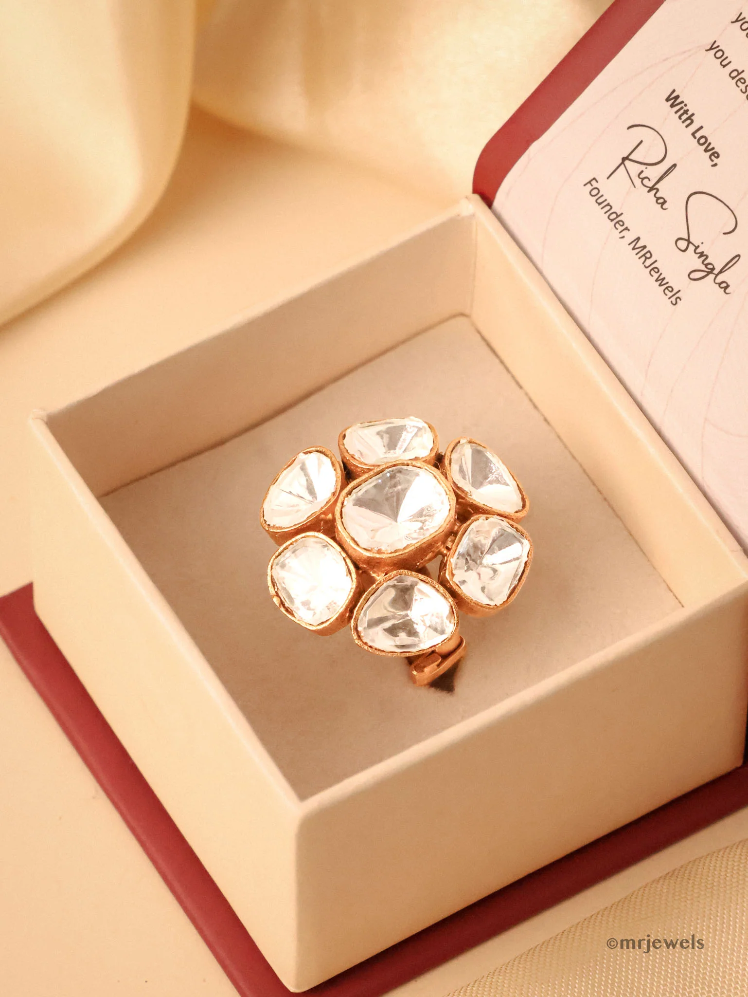 Adjustable Polki Ring in Gold Finish - Image 2
