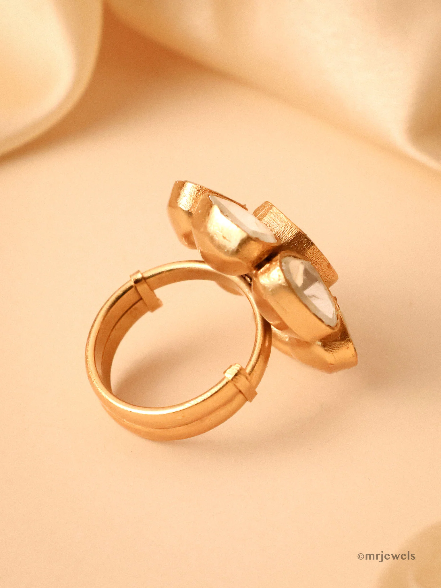 Adjustable Polki Ring in Gold Finish - Image 3