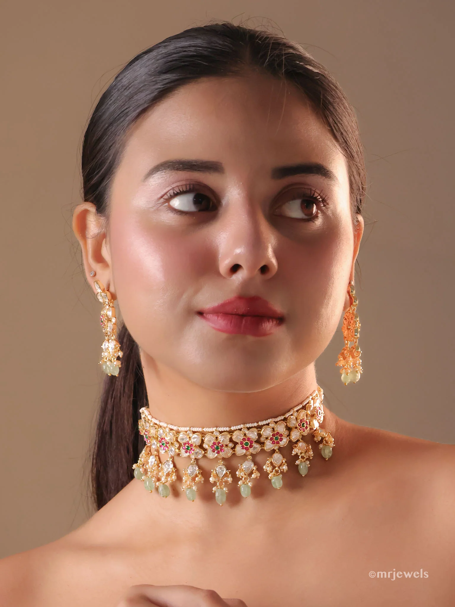Aira Floral Polki Mint Choker Set (with Earrings)
