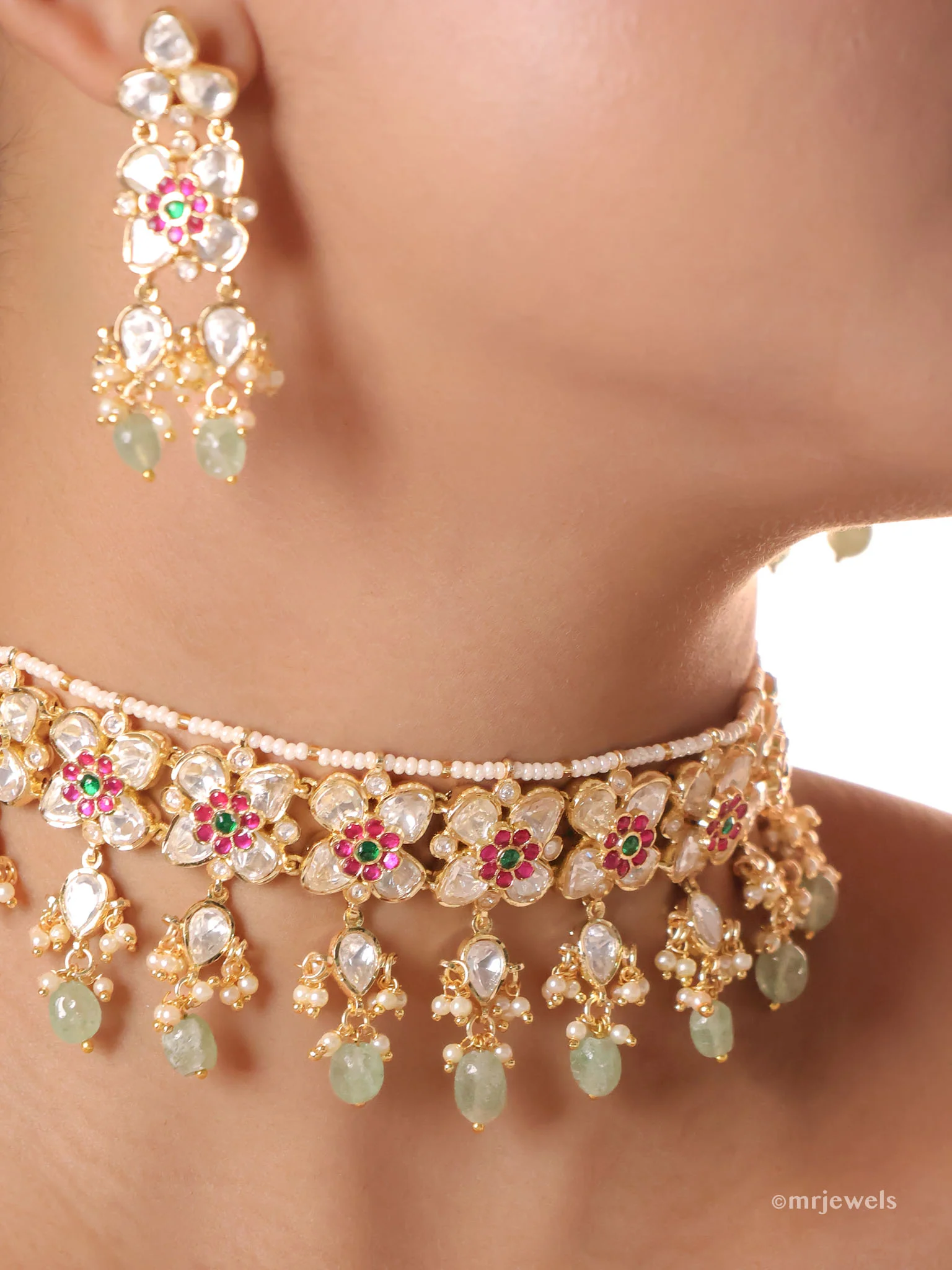 Aira Floral Polki Mint Choker Set (with Earrings) - Image 2