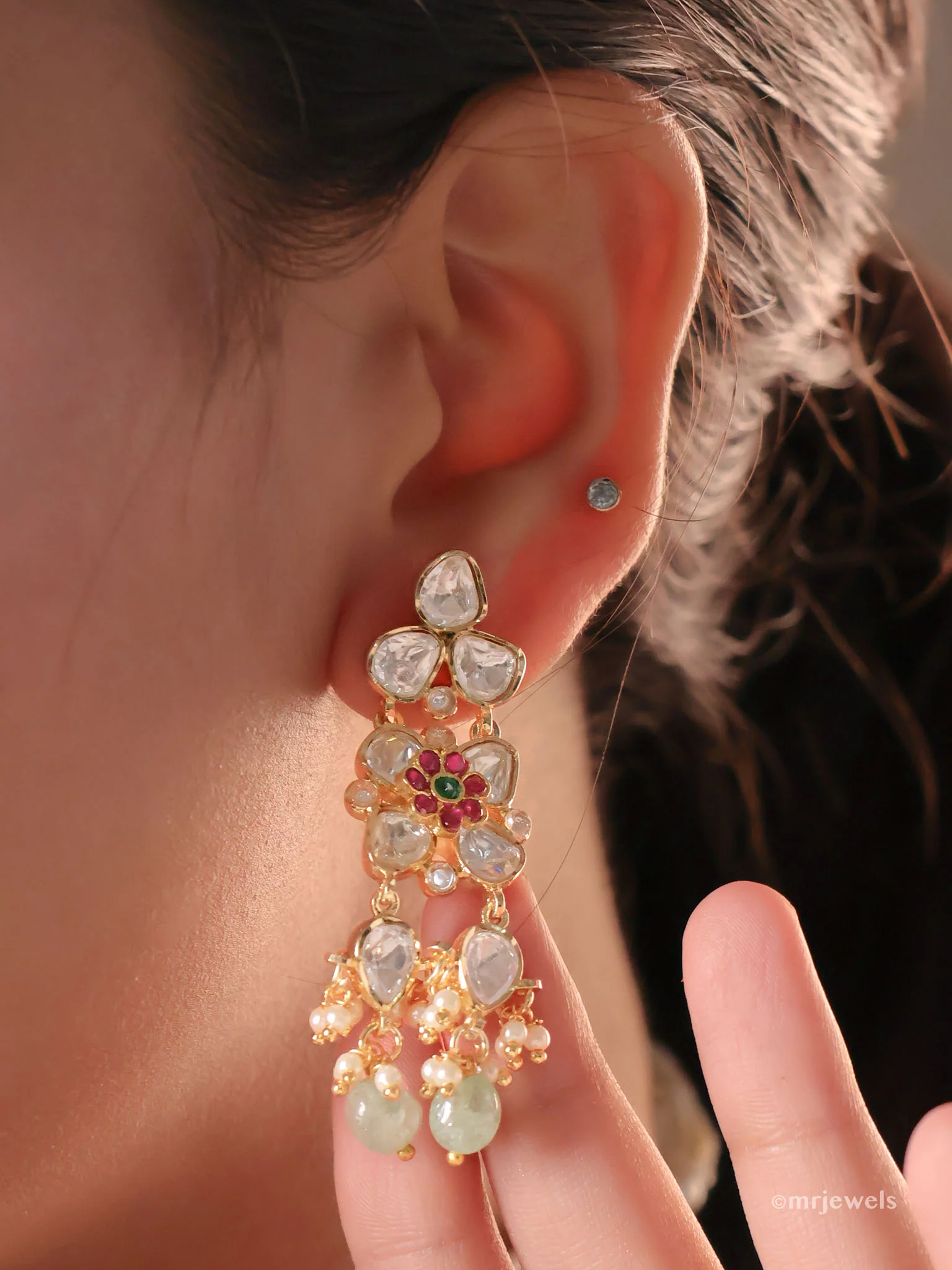 Aira Floral Polki Mint Choker Set (with Earrings) - Image 3