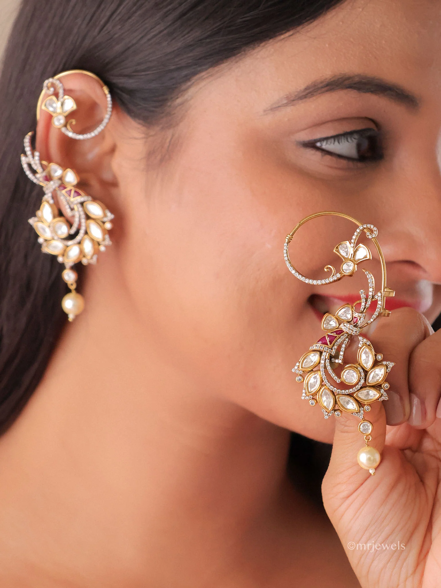 Amayra Floral Polki Dangle Pearl Drop Earcuff