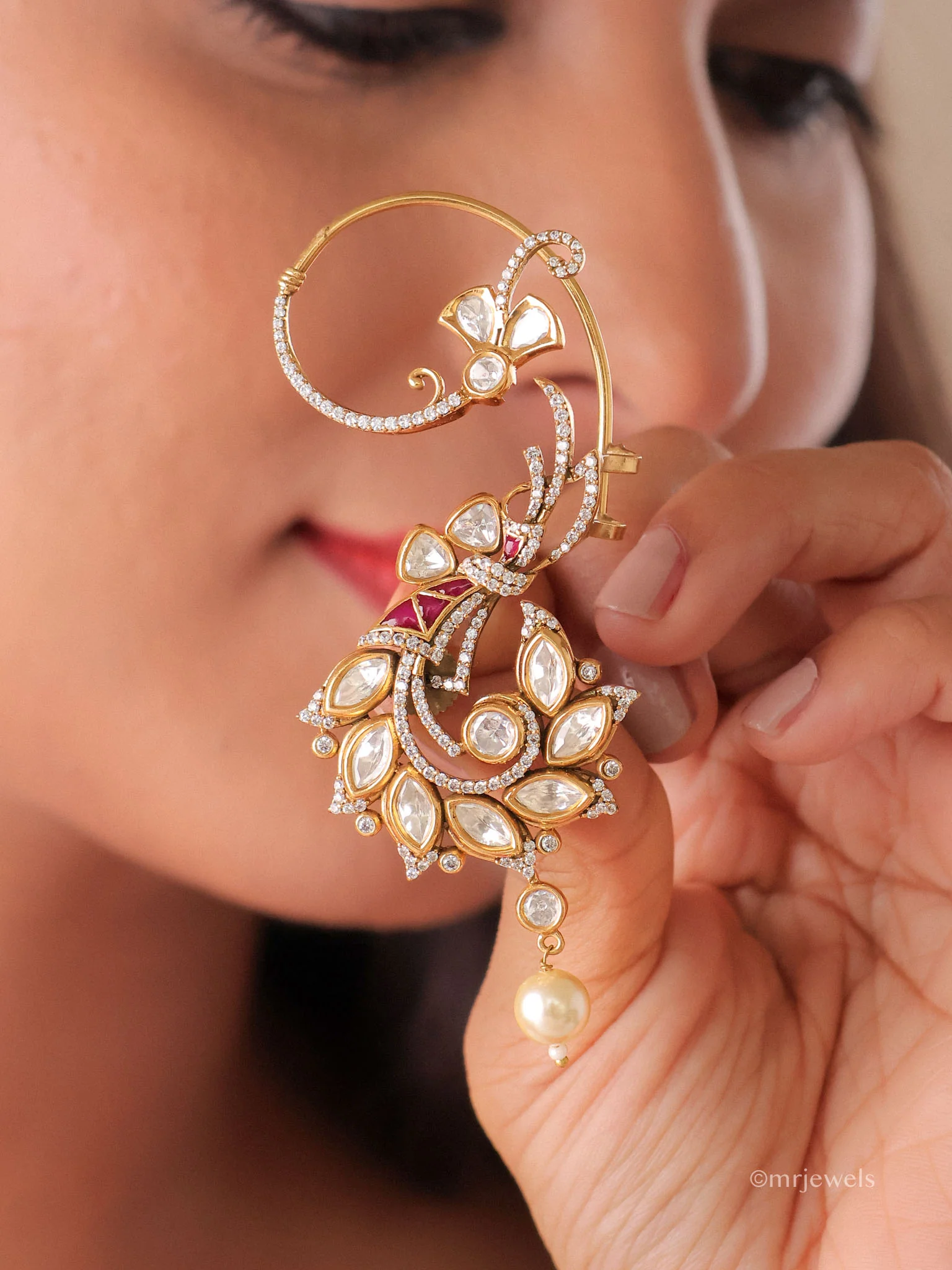 Amayra Floral Polki Dangle Pearl Drop Earcuff - Image 2