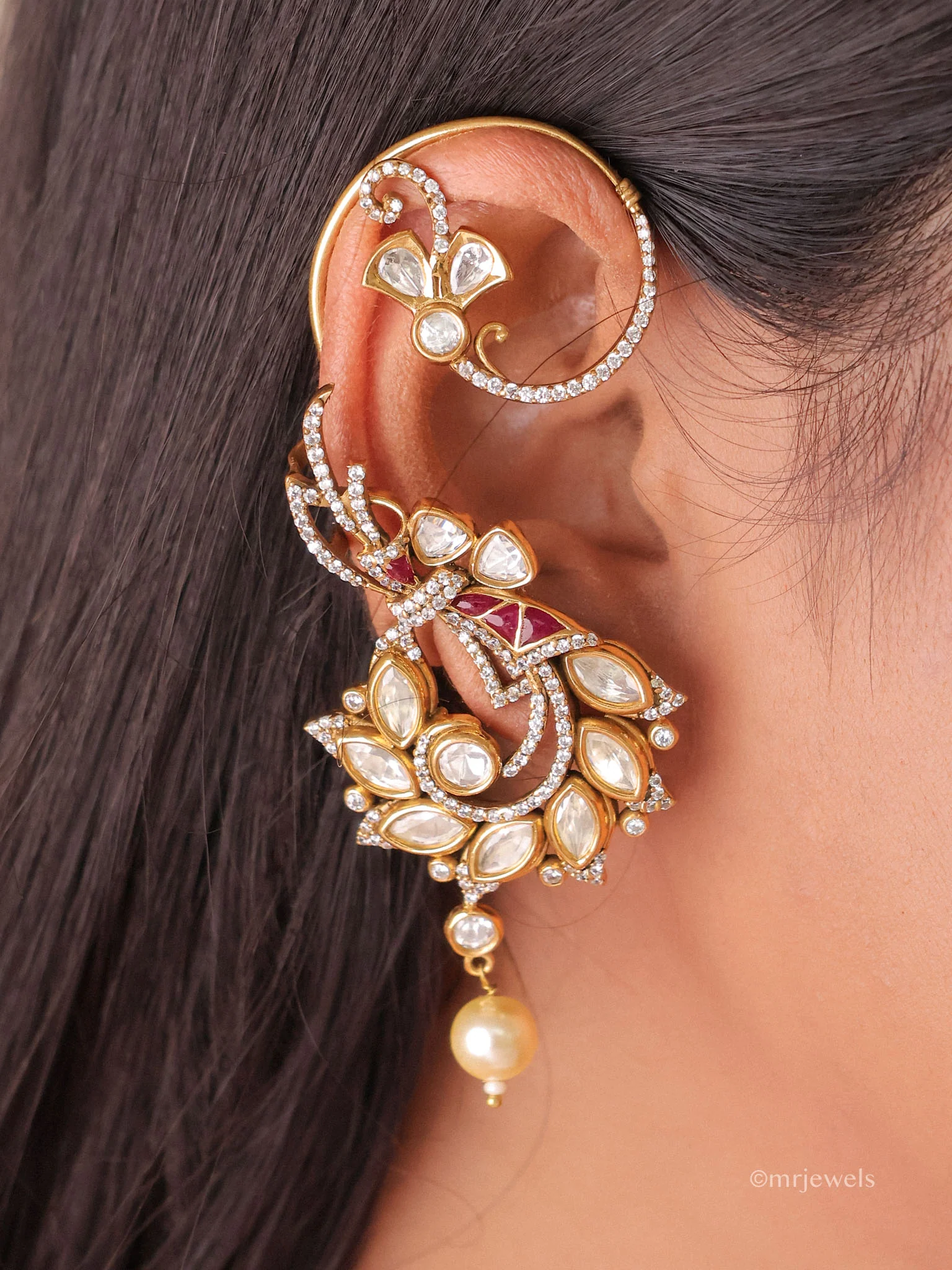 Amayra Floral Polki Dangle Pearl Drop Earcuff - Image 3