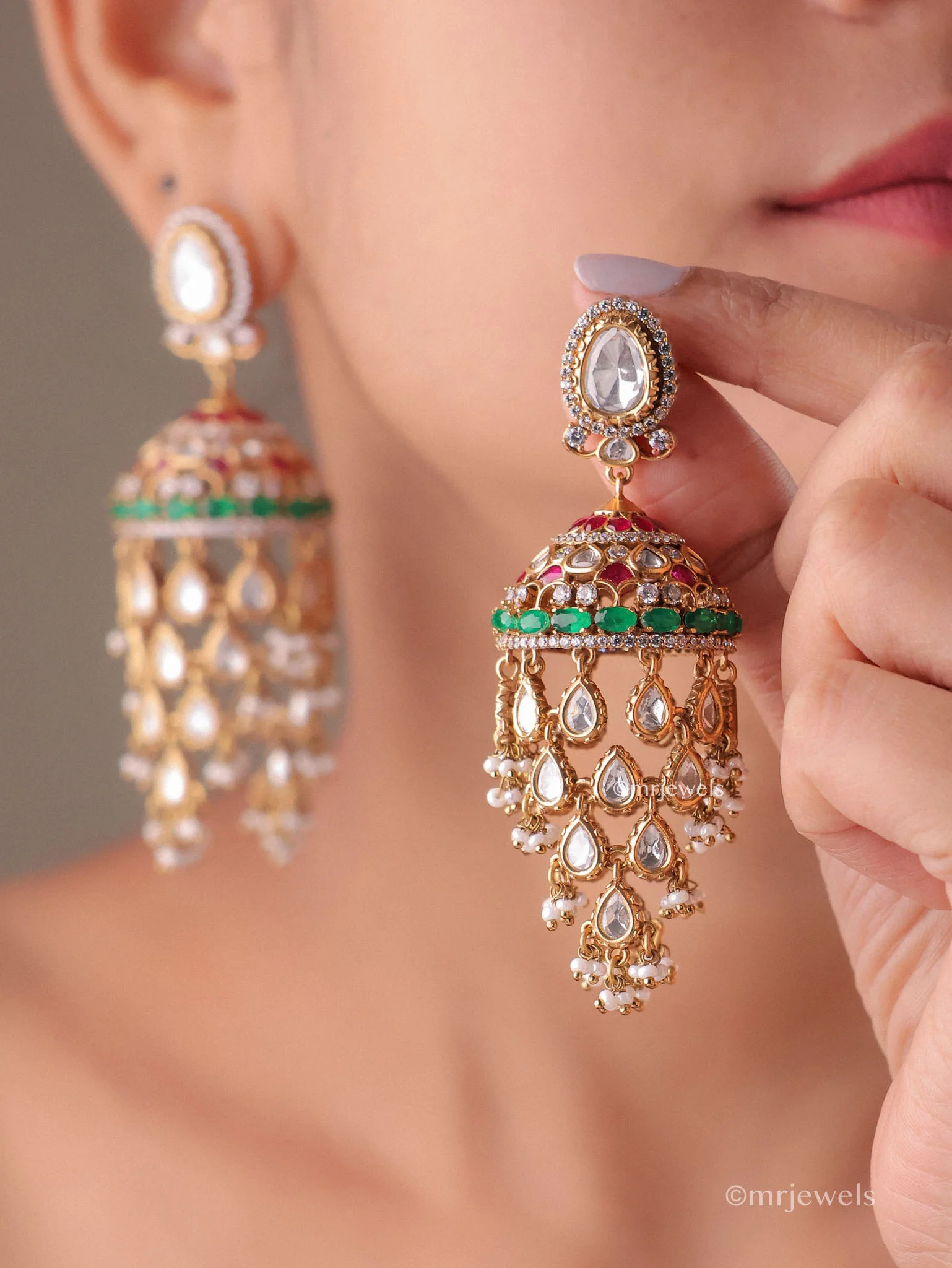 Amayra Statement Kundan Polki Jhumka Earrings with Pearl Drops