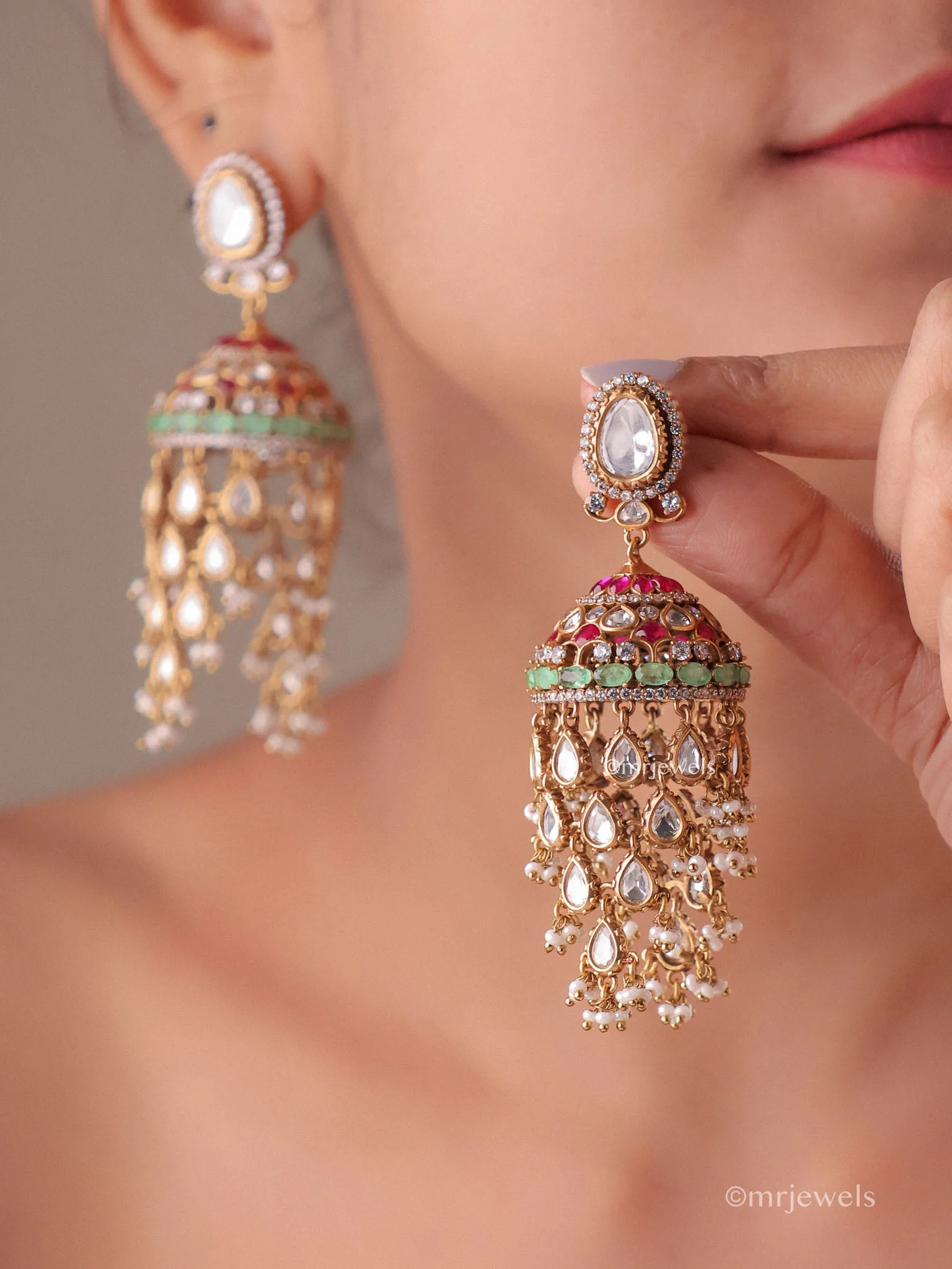 Amayra Statement Kundan Polki Jhumka Earrings with Pearl Drops - Image 2