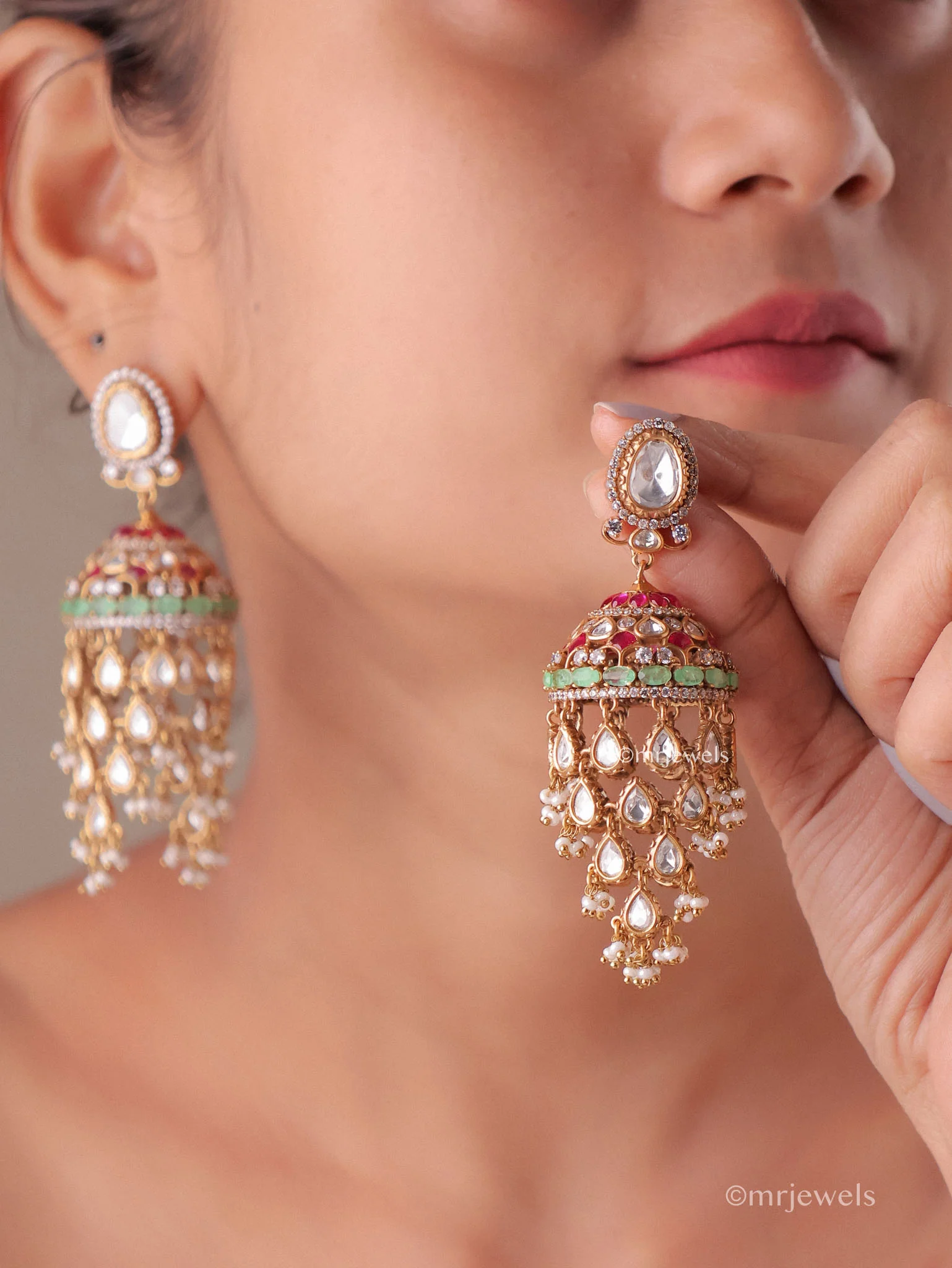 Amayra Statement Kundan Polki Jhumka Earrings with Pearl Drops - Image 3