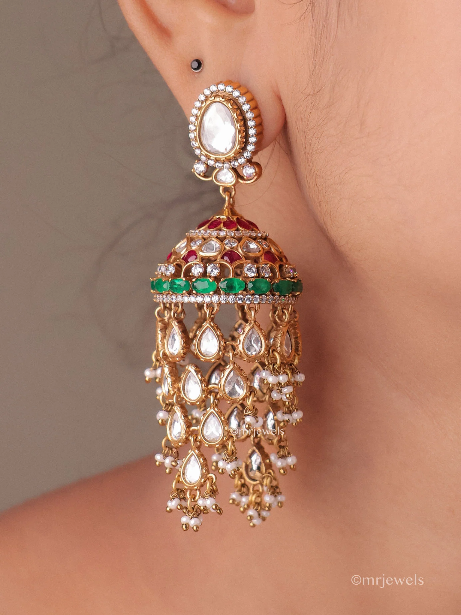 Amayra Statement Kundan Polki Jhumka Earrings with Pearl Drops - Image 4