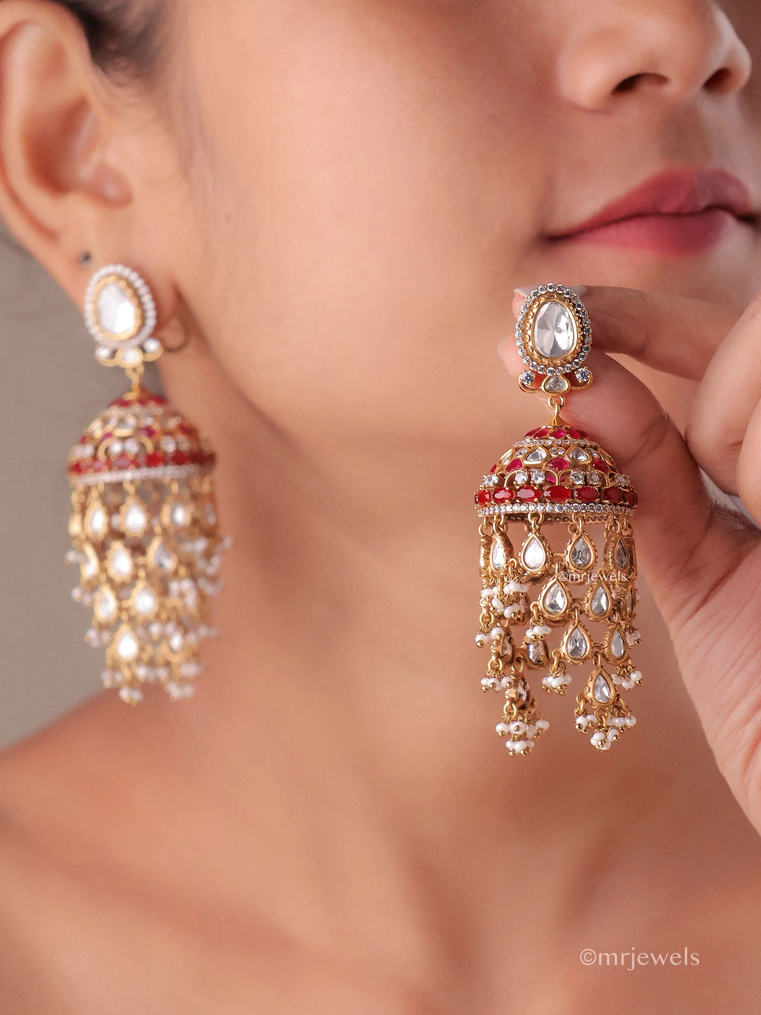 Amayra Statement Kundan Polki Jhumka Earrings with Pearl Drops - Image 5