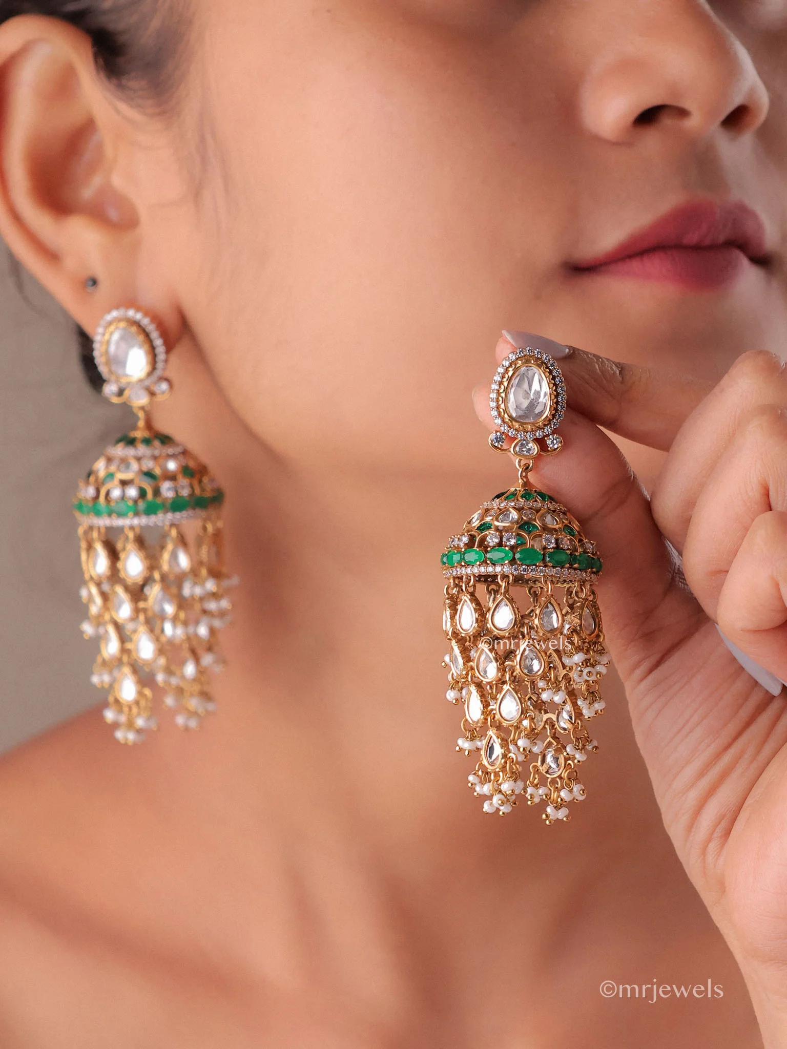 Amayra Statement Kundan Polki Jhumka Earrings with Pearl Drops - Image 6