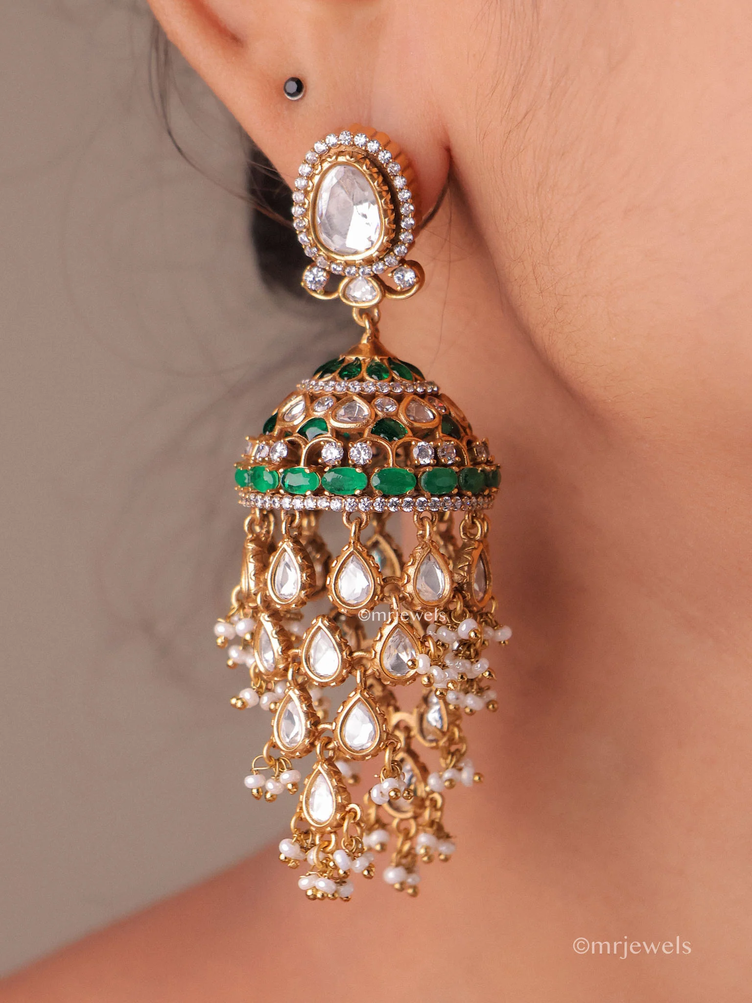 Amayra Statement Kundan Polki Jhumka Earrings with Pearl Drops - Image 7