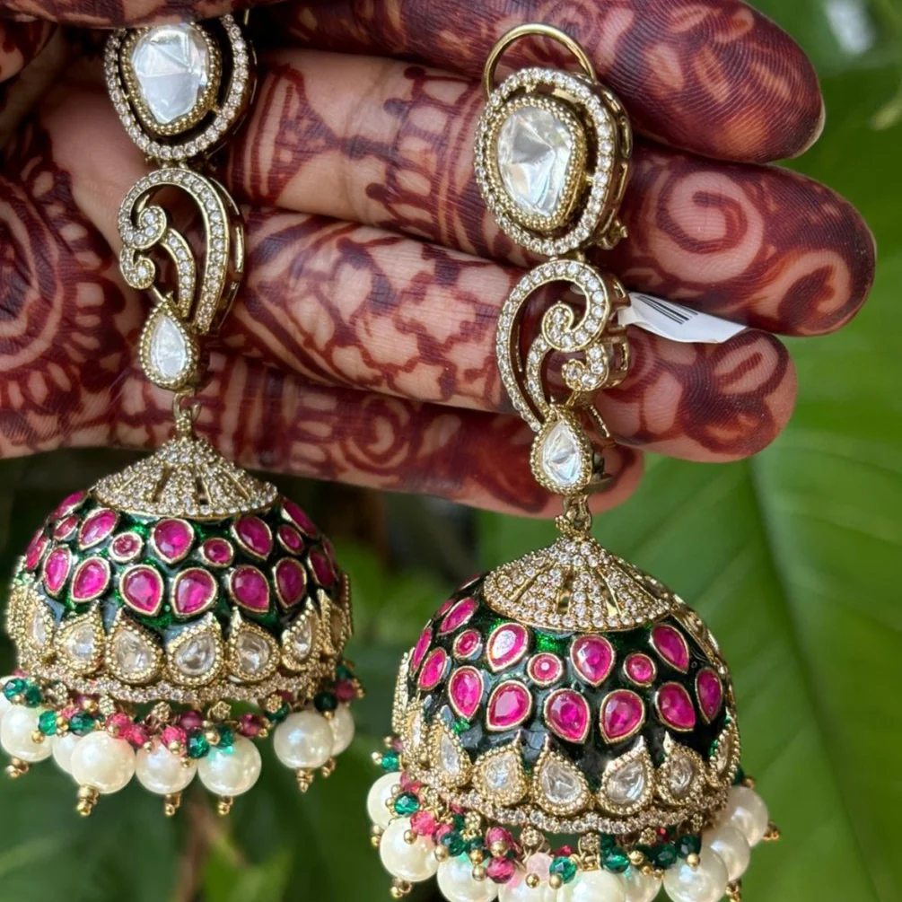 Anaya Kundan Ruby Pearl Jhumkas