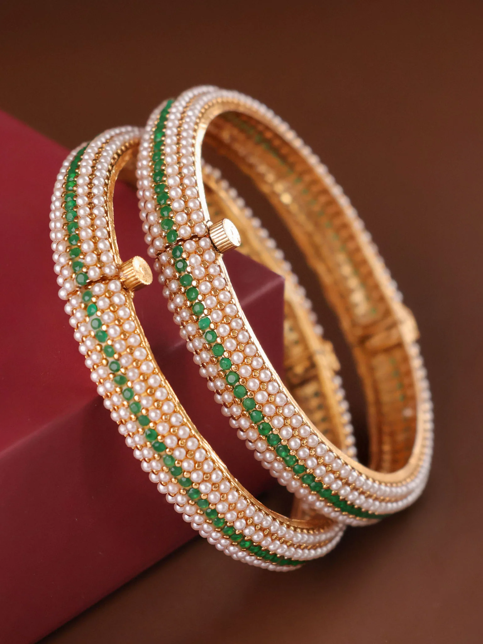 Antique Gold Green Pearl Bangles- Set Of 2