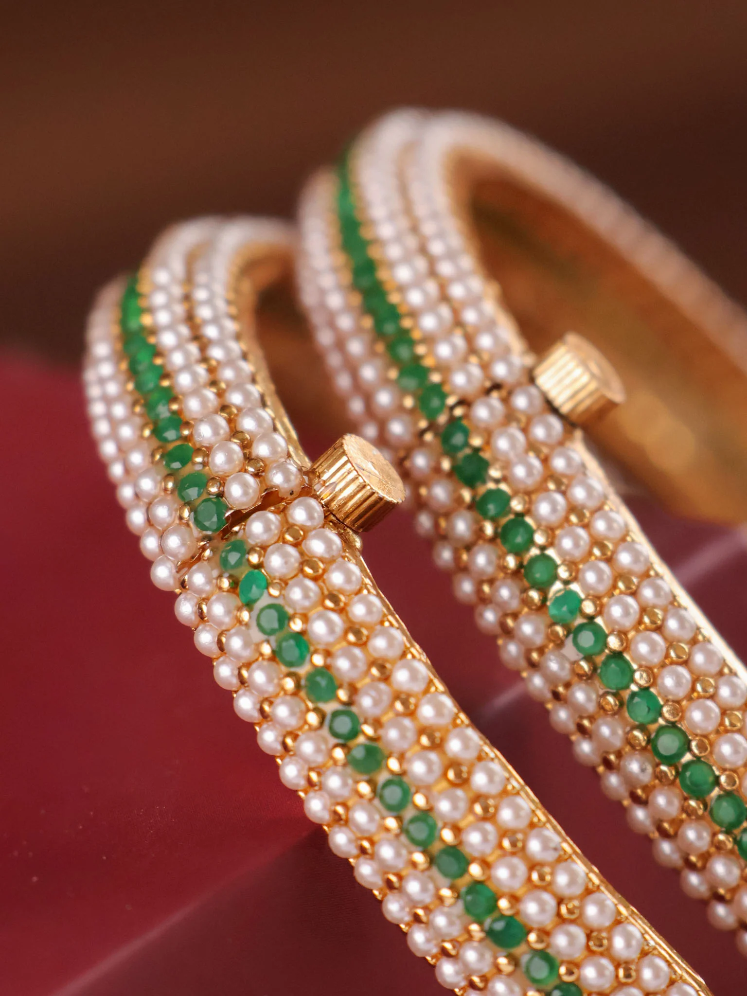 Antique Gold Green Pearl Bangles- Set Of 2 - Image 2