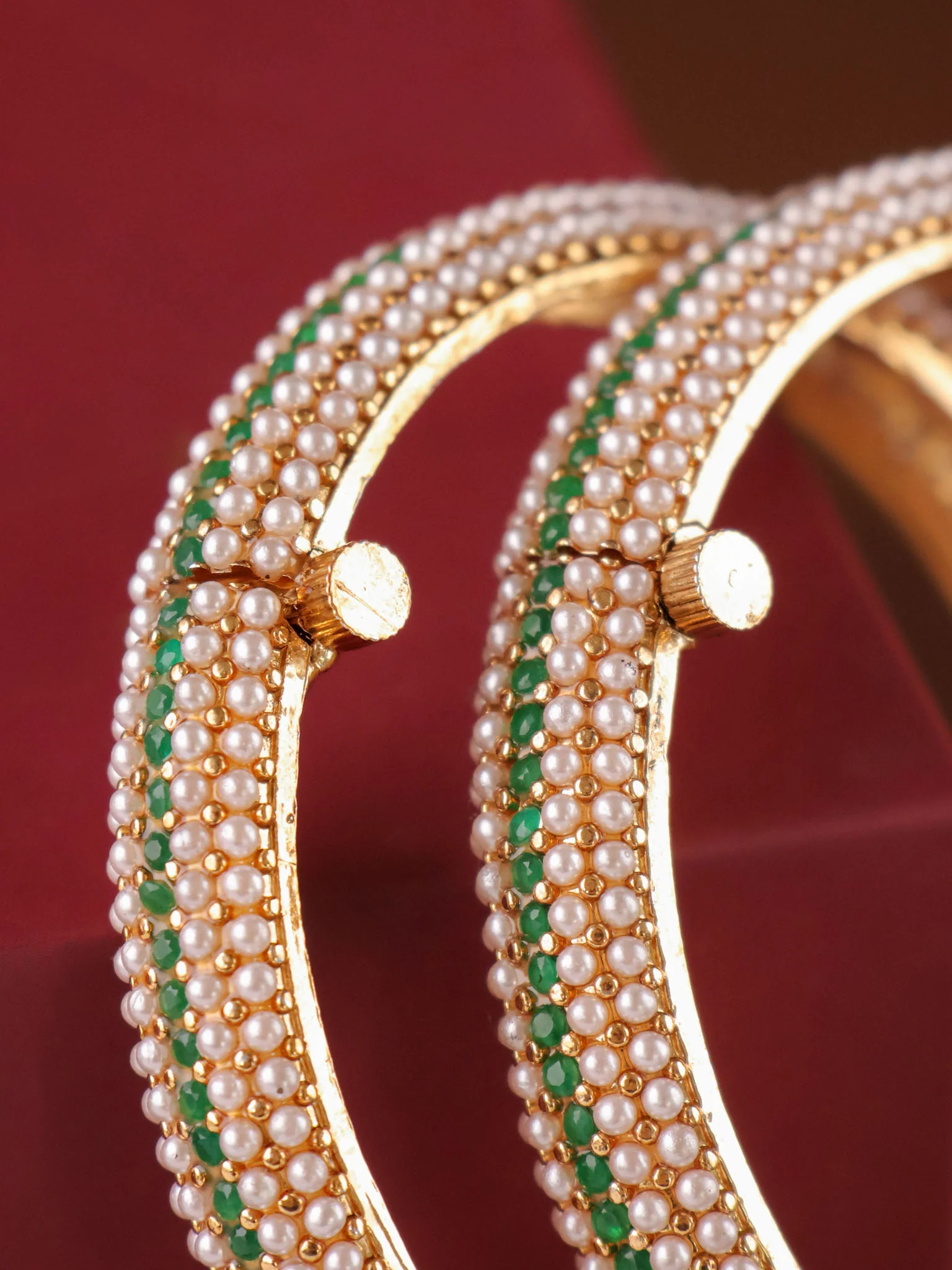 Antique Gold Green Pearl Bangles- Set Of 2 - Image 3