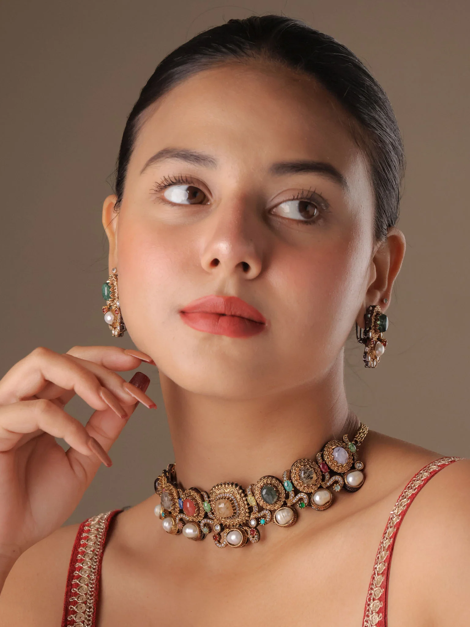 Antique Gold Navratna Stone Choker with Matching Earrings