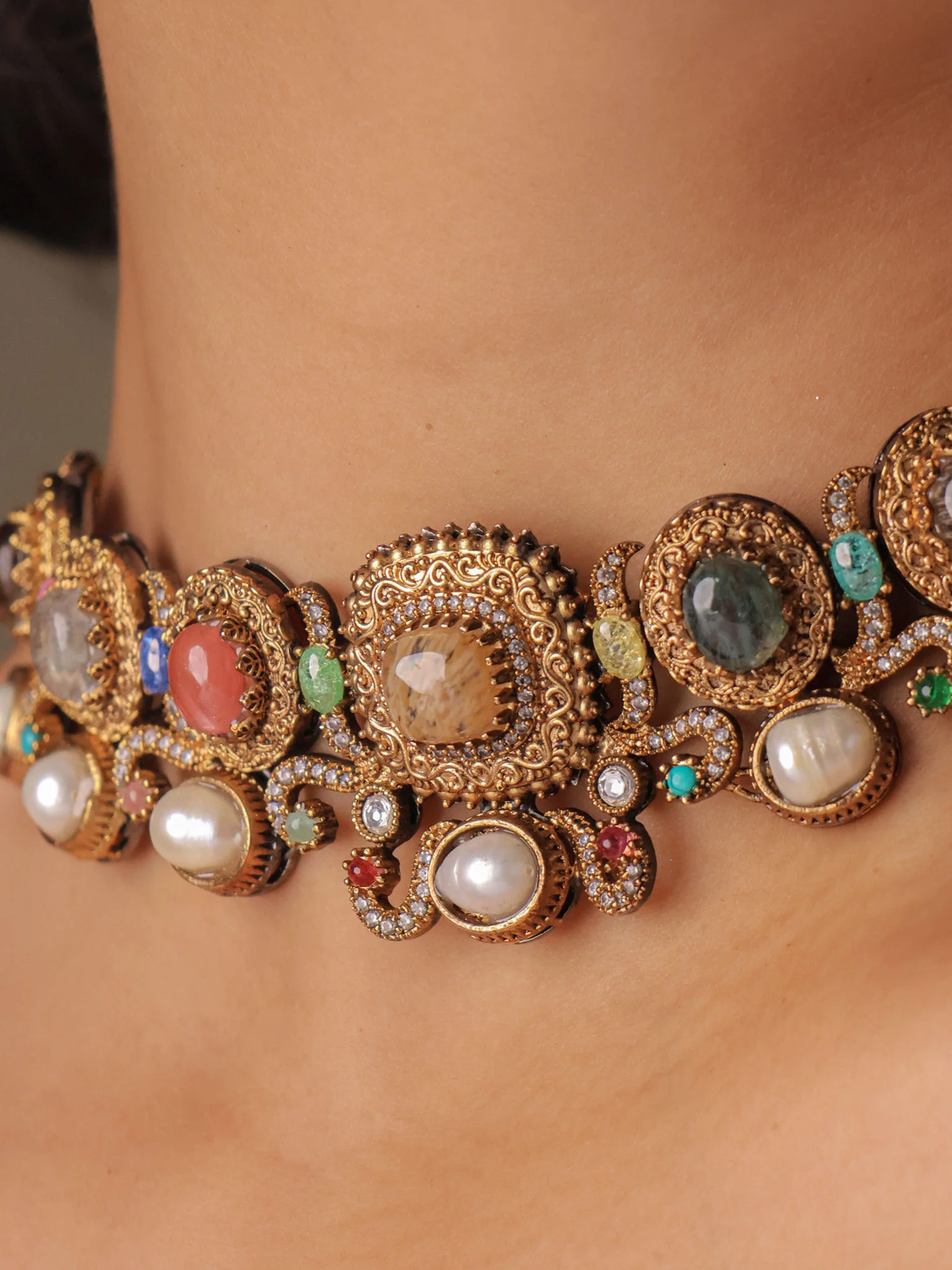 Antique Gold Navratna Stone Choker with Matching Earrings - Image 2