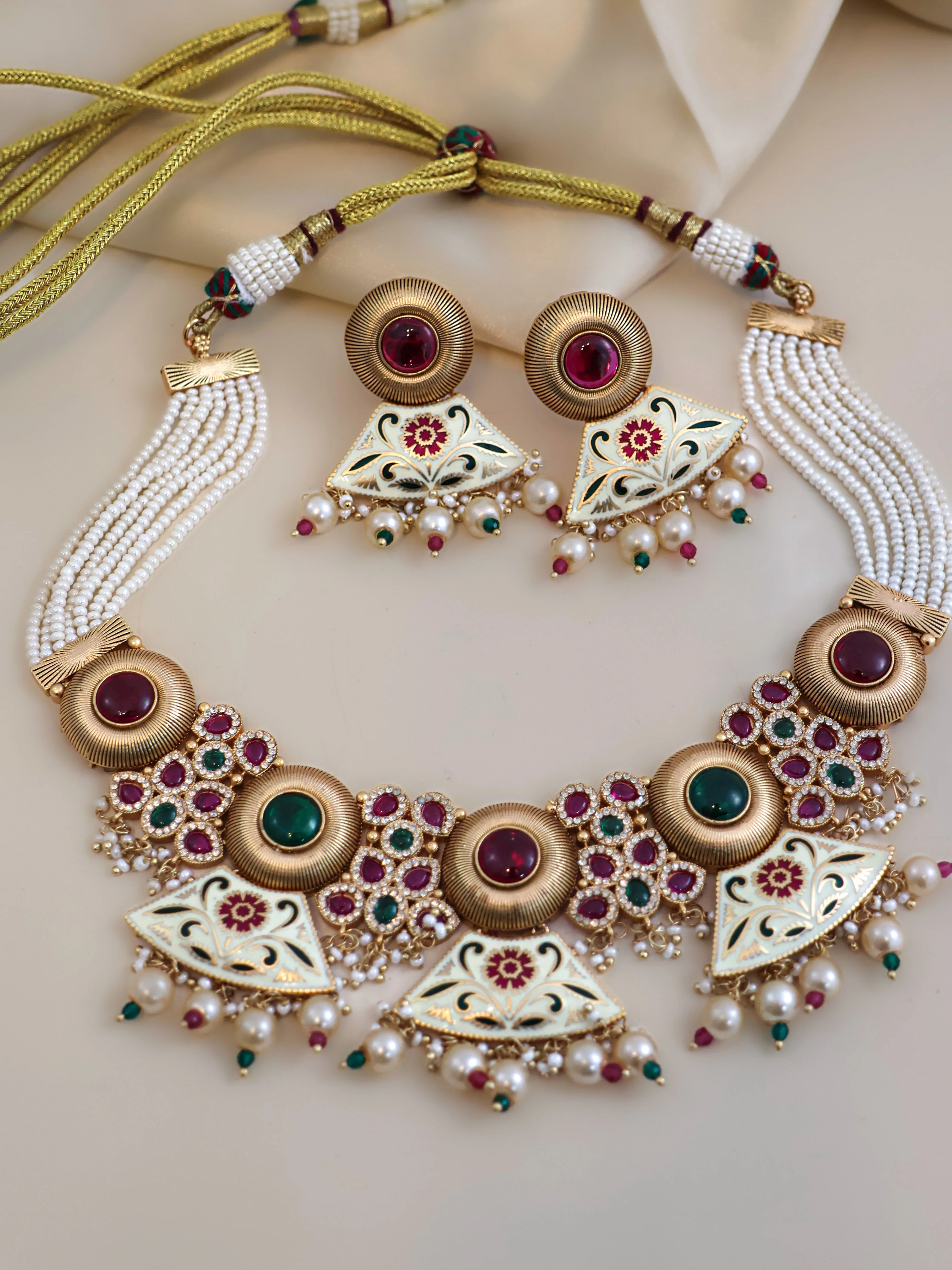 Antique Gold Plated  Designer Rajwadi Necklace and Earring Set