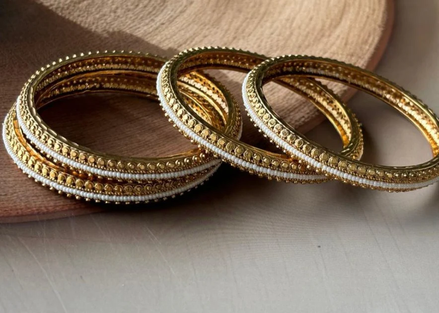 Antique Gold plated Pearl bangles/kada - Set of 4 - Image 2