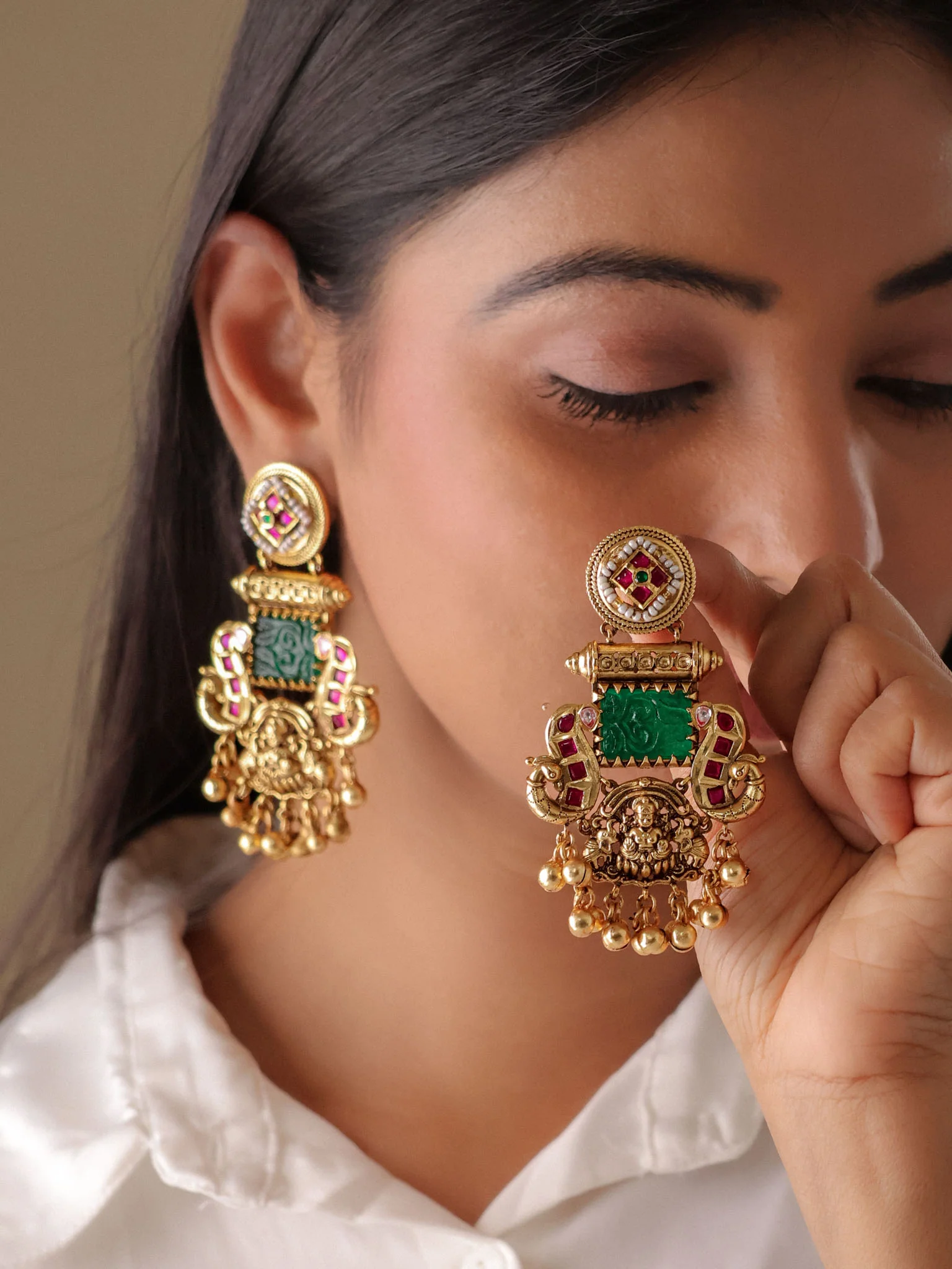 Antique Lakshmi Temple Pearl Drop Long Earrings