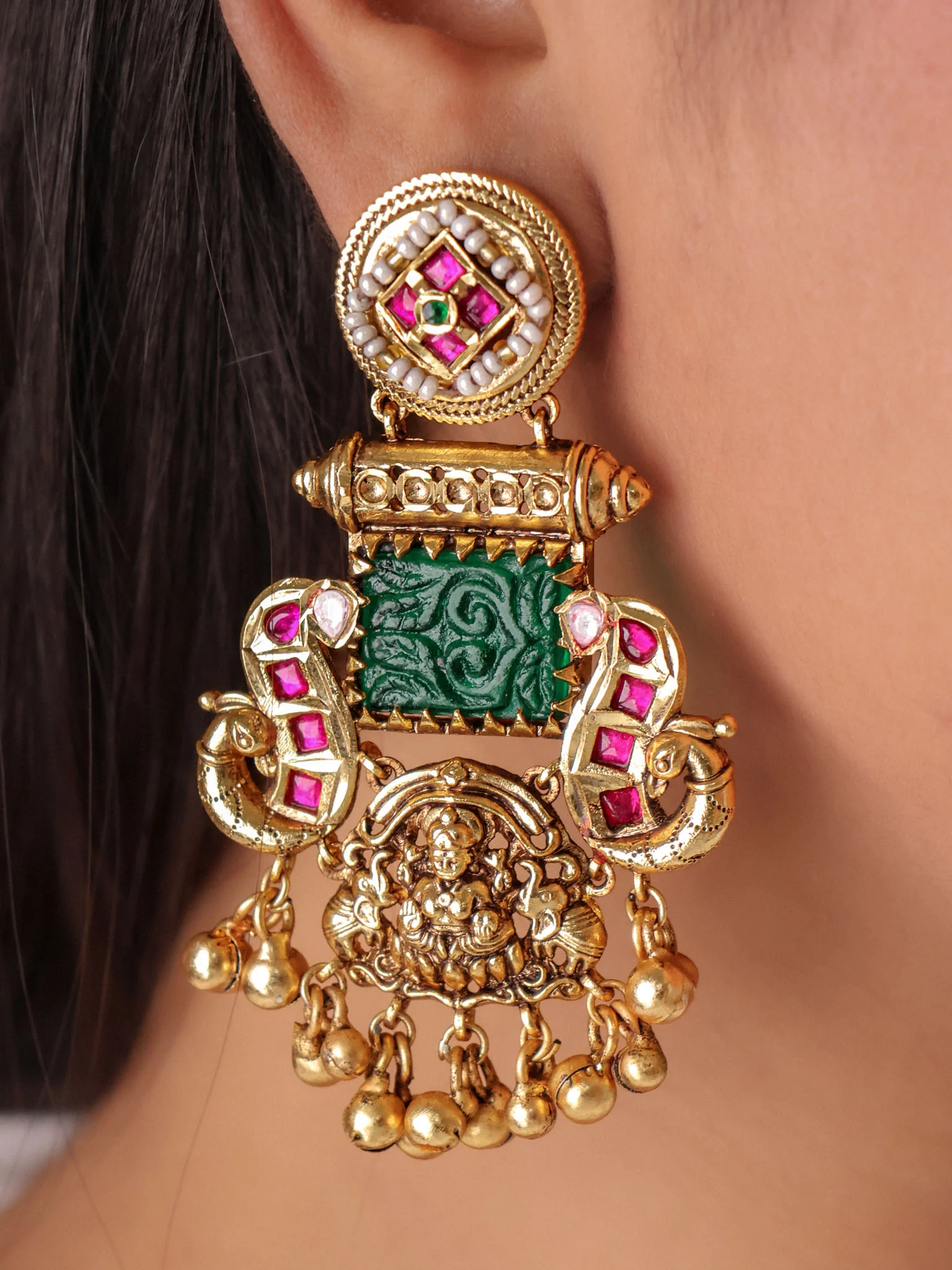 Antique Lakshmi Temple Pearl Drop Long Earrings - Image 2