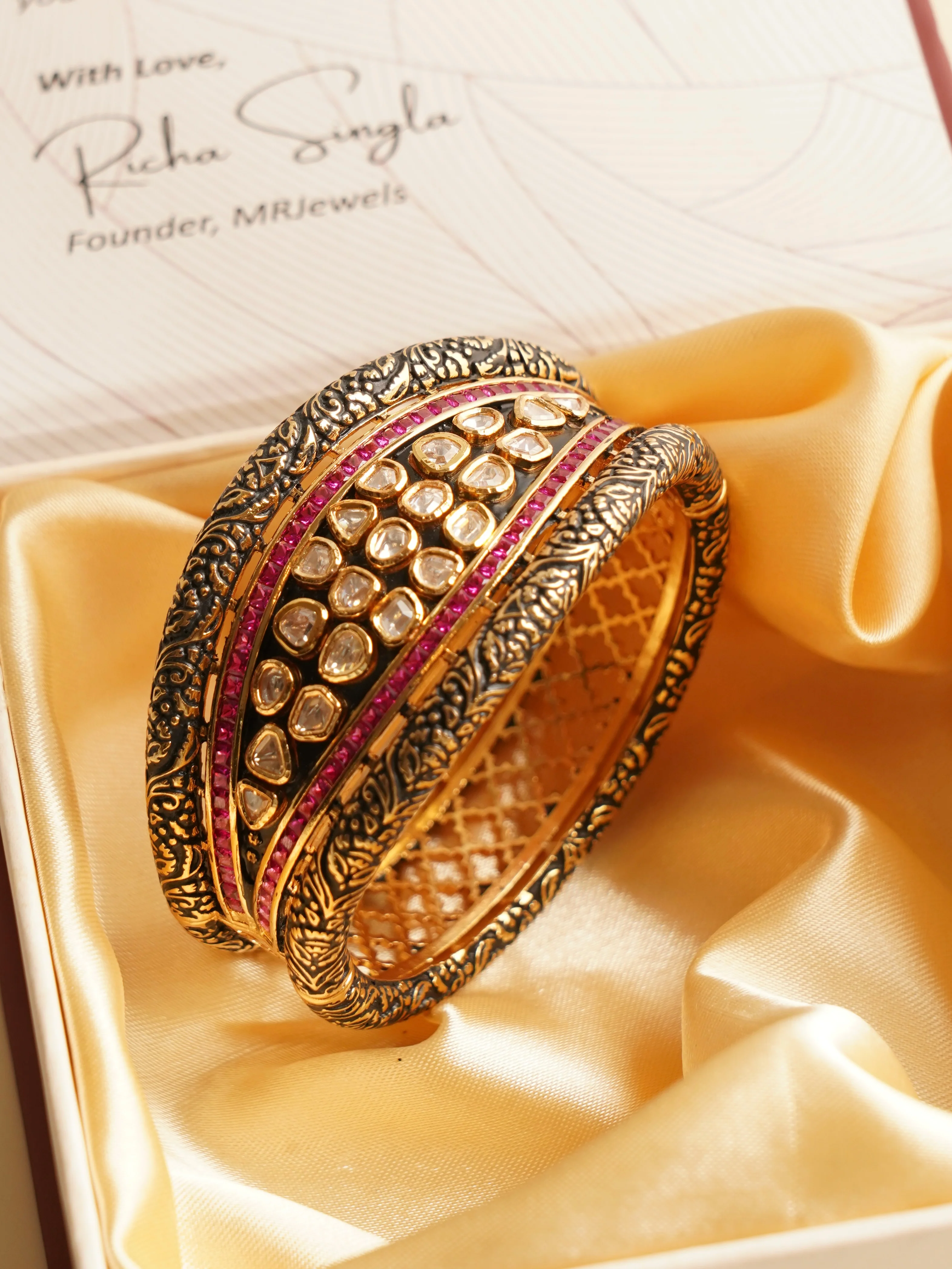 Antique Vilandi Openable Bracelet -Kundan Polki & Gold-Plated - Image 3