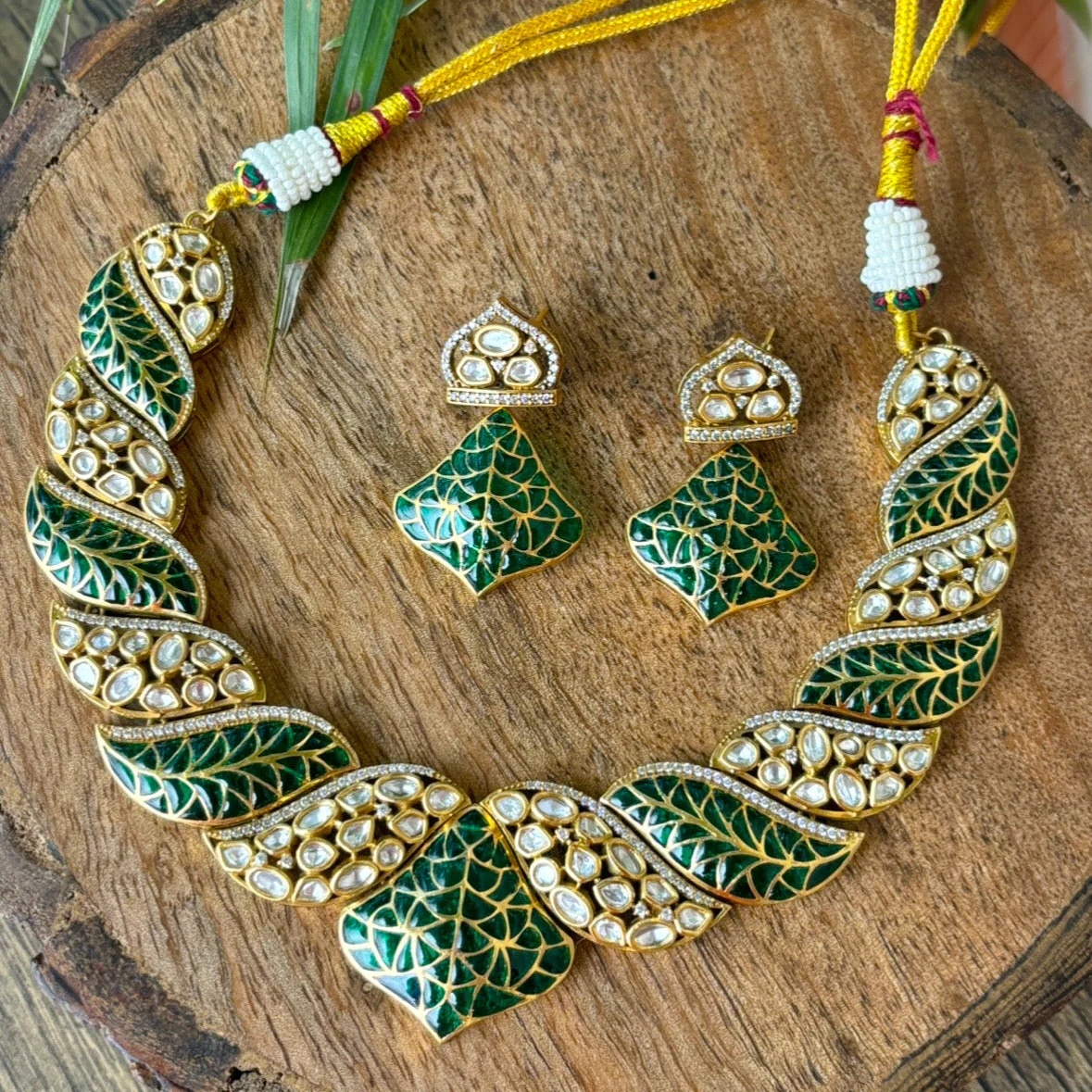 Ayesha Designer Emerald Leaf Kundan Necklace Set - Image 3