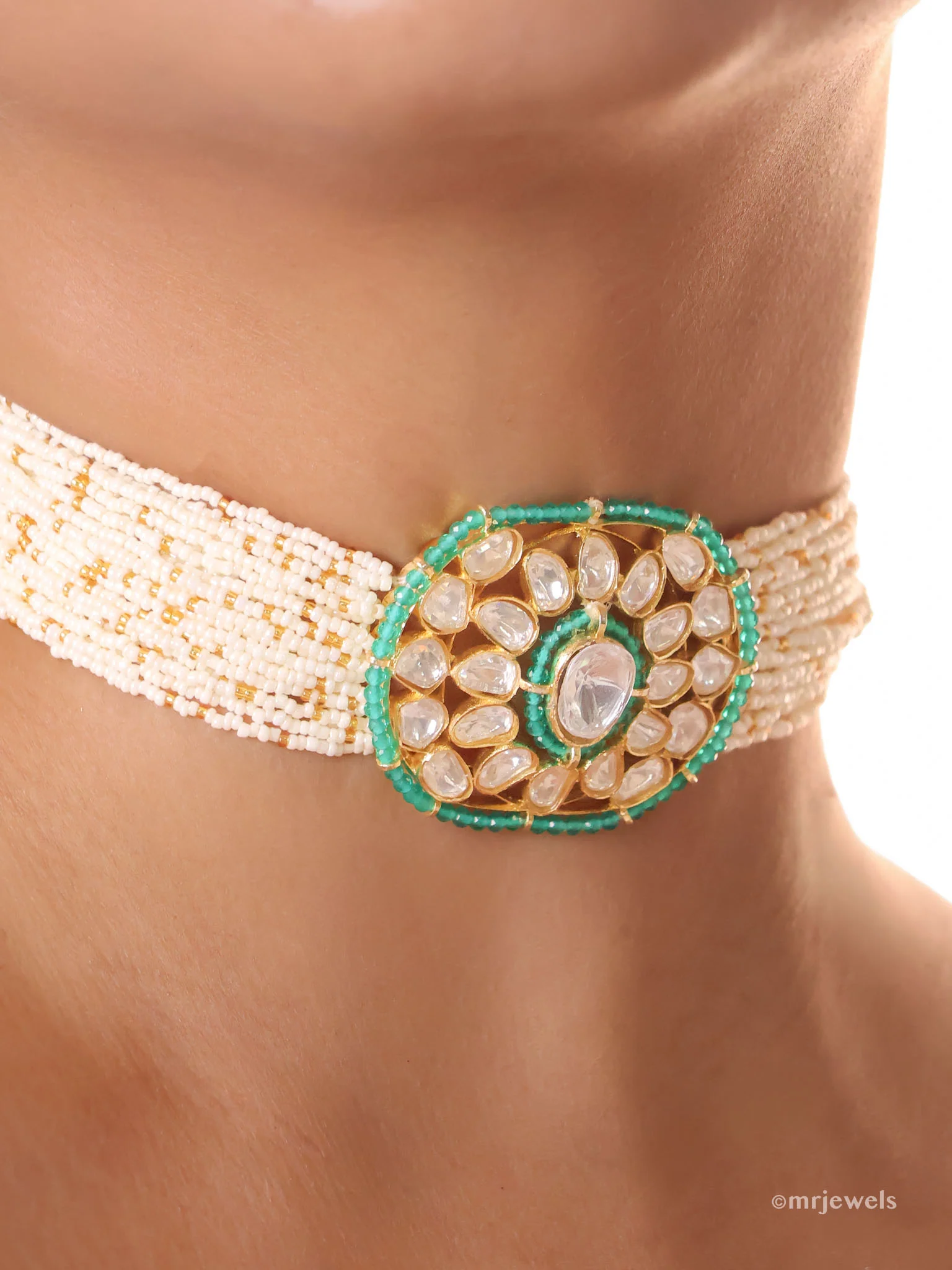 Baiza Emerald Polki Choker Set (with Studs) - Image 2