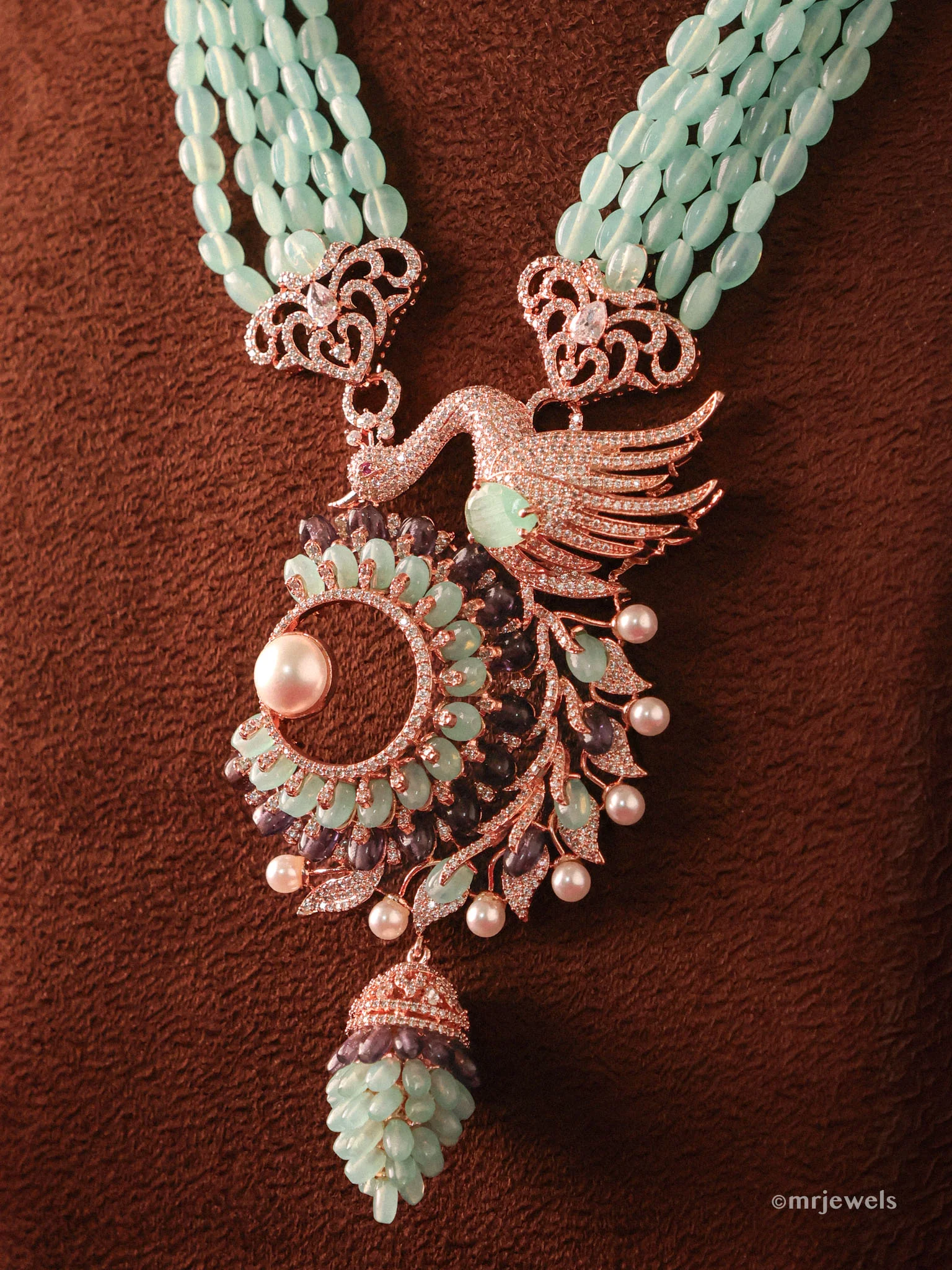 Beaded Peacock Statement Designer Diamond Set - Image 3