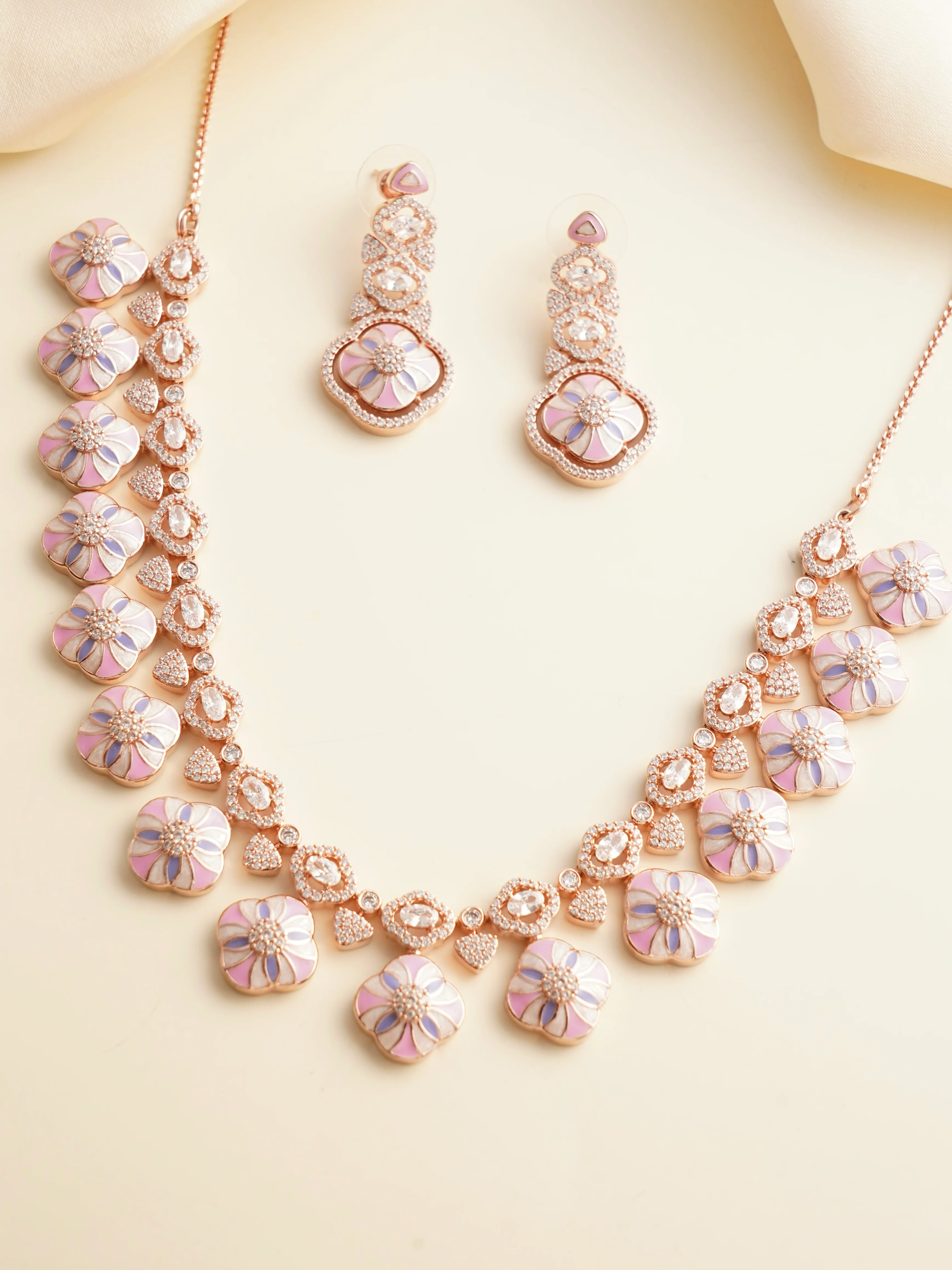 Blush Petals Meenakari Enamel Necklace Set - Image 3