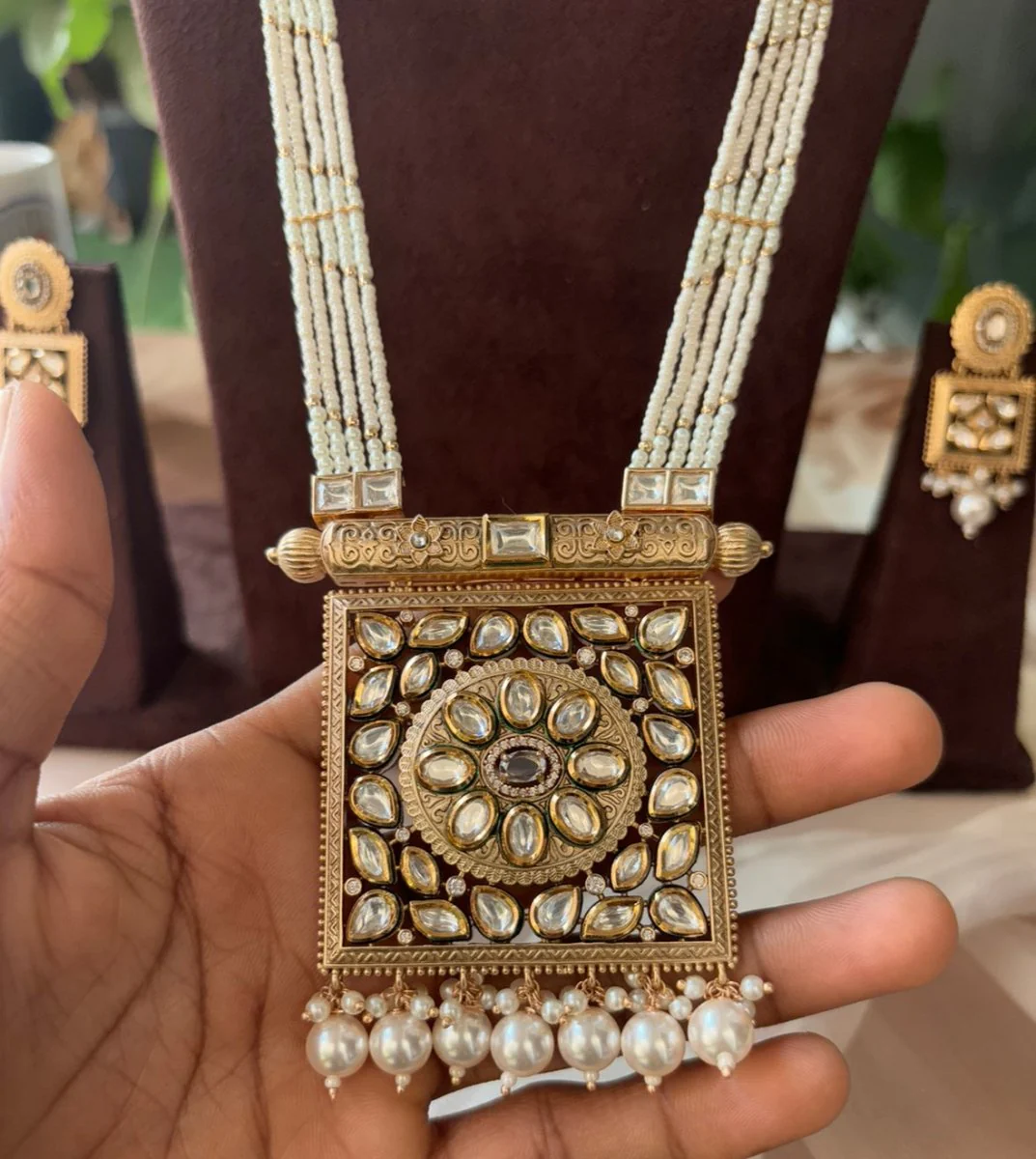 Chandrika Square Kundan Pearl Pendant Set with matching earrings - Image 3