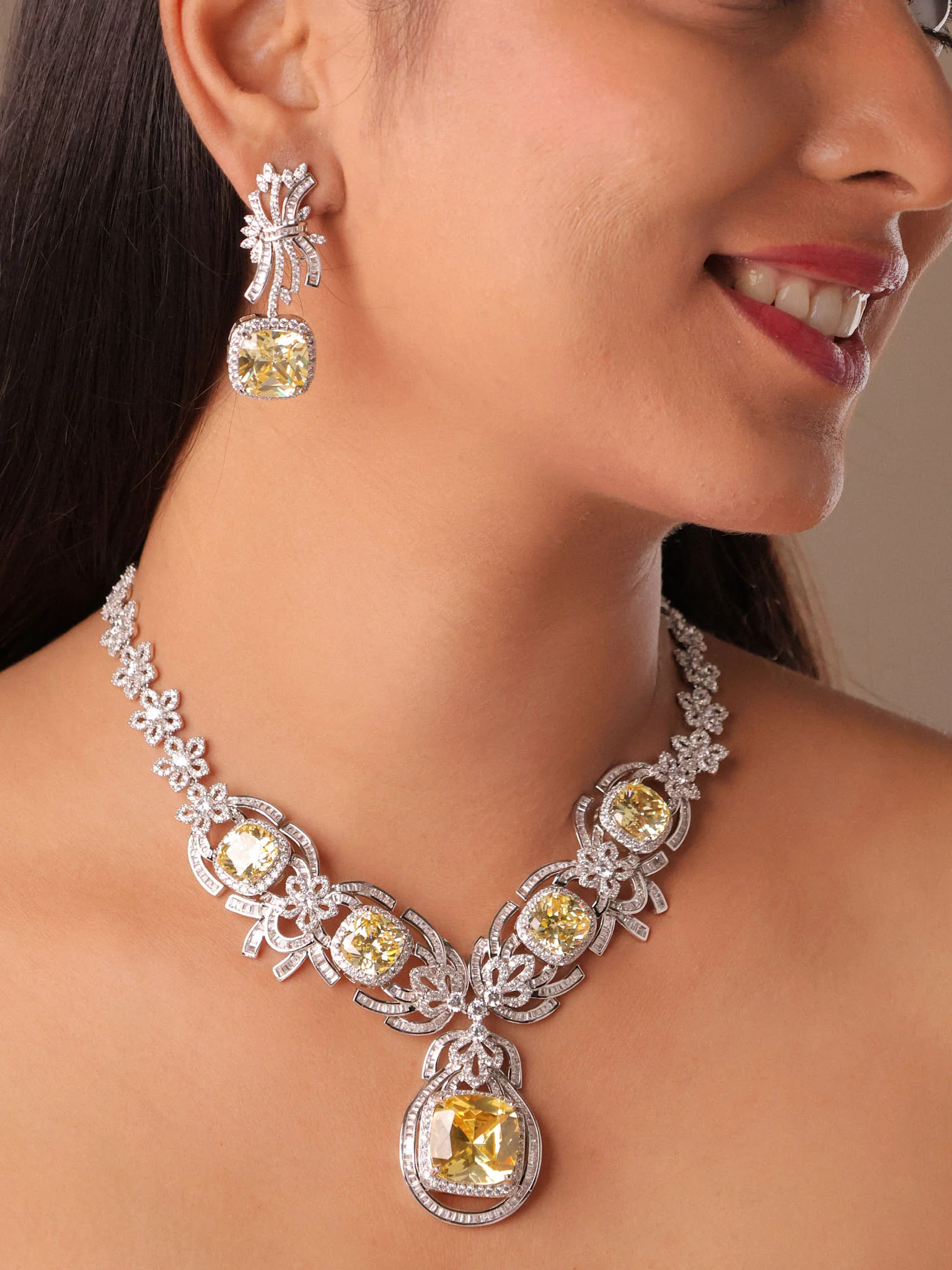 Citrine Yellow Stone Diamond Necklace Set