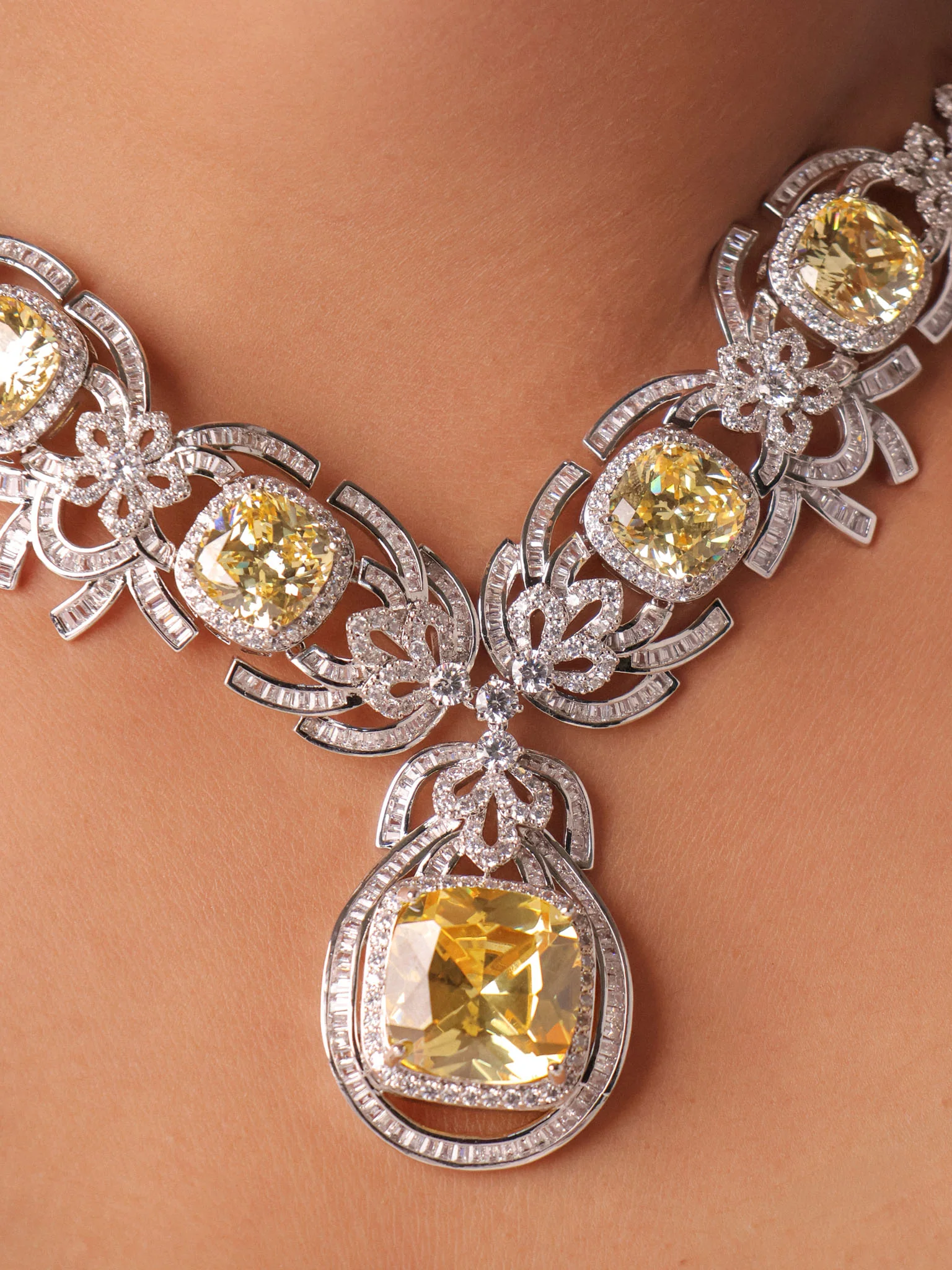 Citrine Yellow Stone Diamond Necklace Set - Image 2