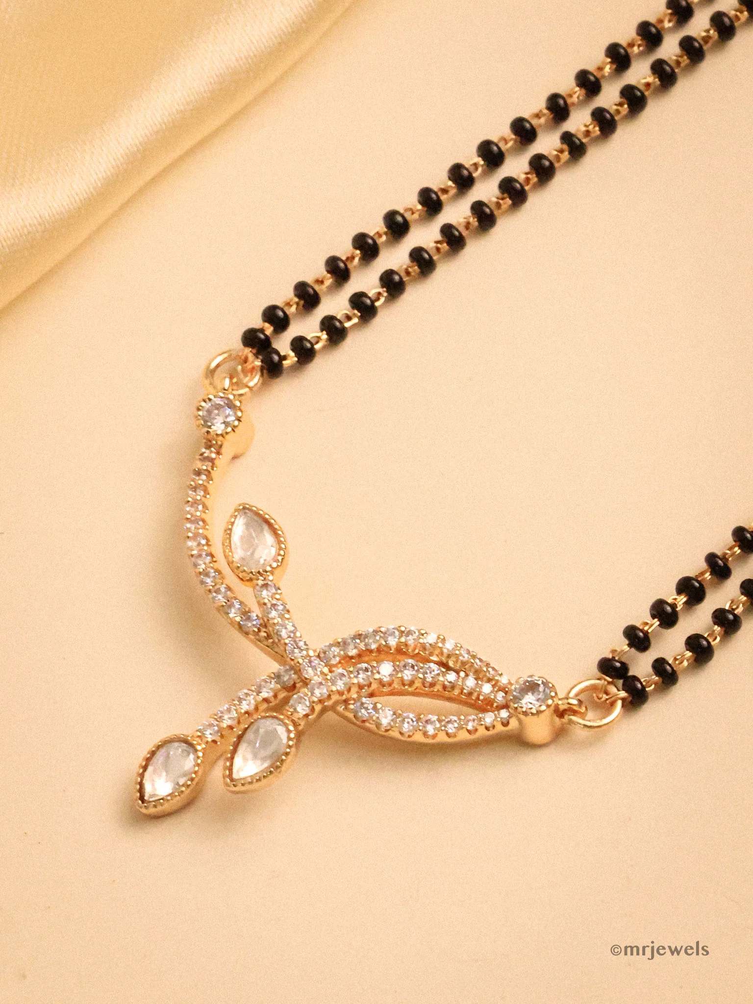 Designer Gold-Plated Mangalsutra Set with Earrings – Leaf Motif Stones - Image 2