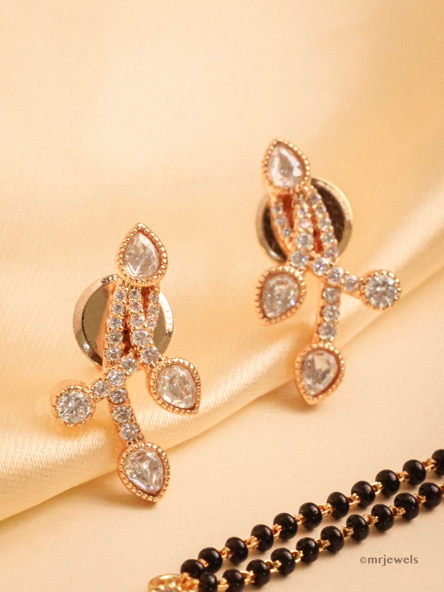 Designer Gold-Plated Mangalsutra Set with Earrings – Leaf Motif Stones - Image 3