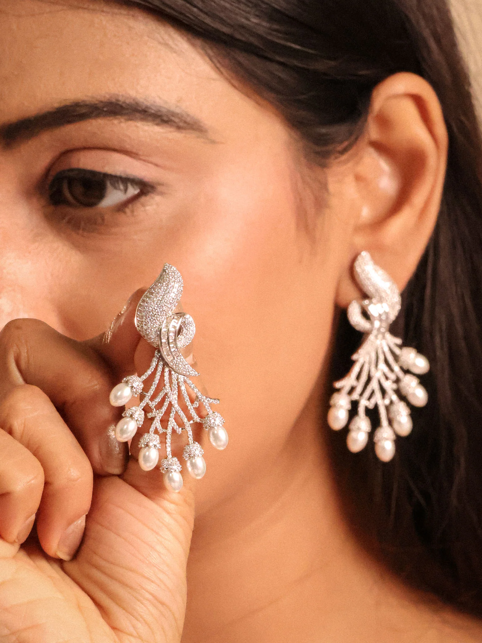 Diamond & Pearl Statement Earrings – Modern Luxury Designer Jewellery - Image 2