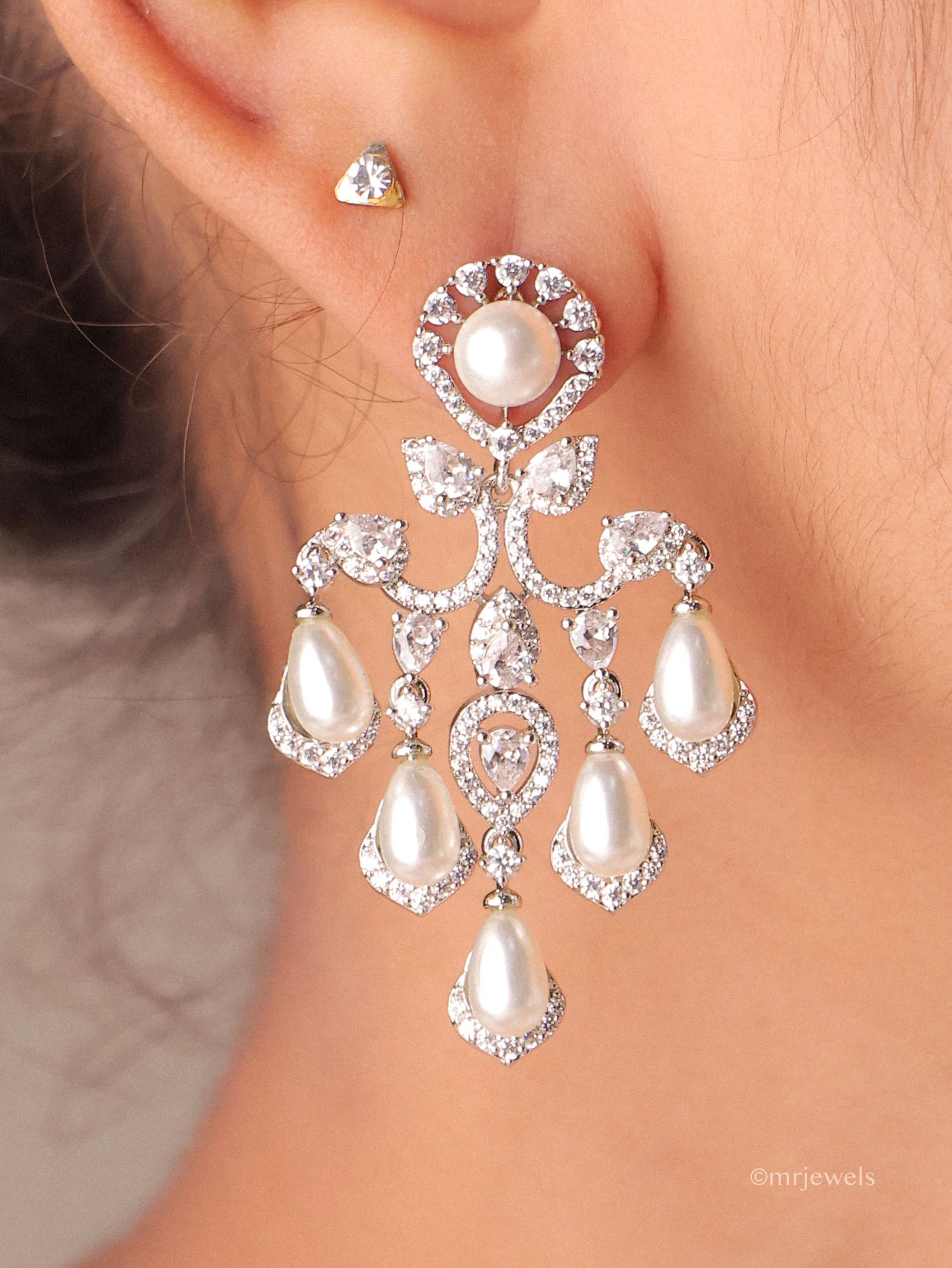 Elara Pearl Diamond Chandelier Earrings - Image 2